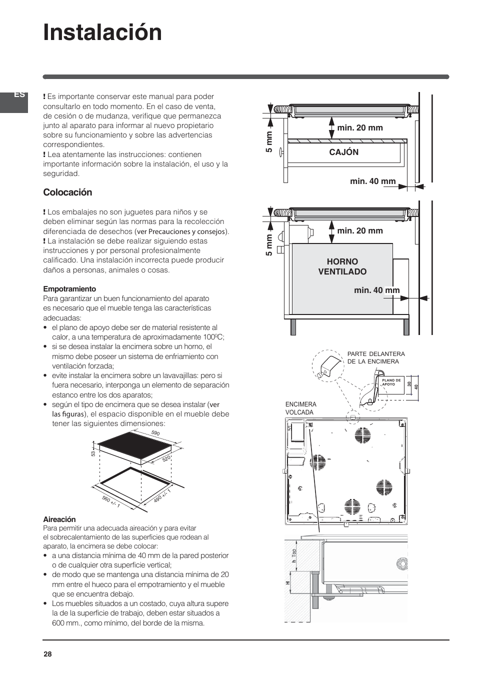 Instalación, Colocación | Indesit VIA-630-C User Manual | Page 28 / 84