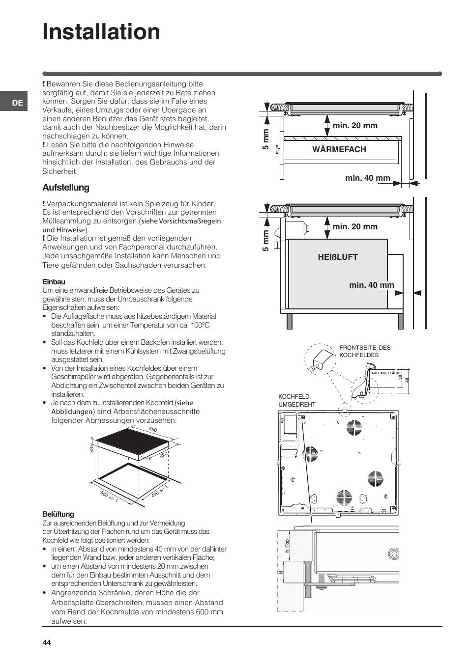 Installation, Aufstellung | Indesit VIA-630-C User Manual | Page 44 / 84