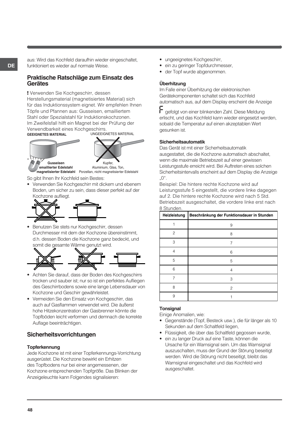 Praktische ratschläge zum einsatz des gerätes, Sicherheitsvorrichtungen | Indesit VIA-630-C User Manual | Page 48 / 84