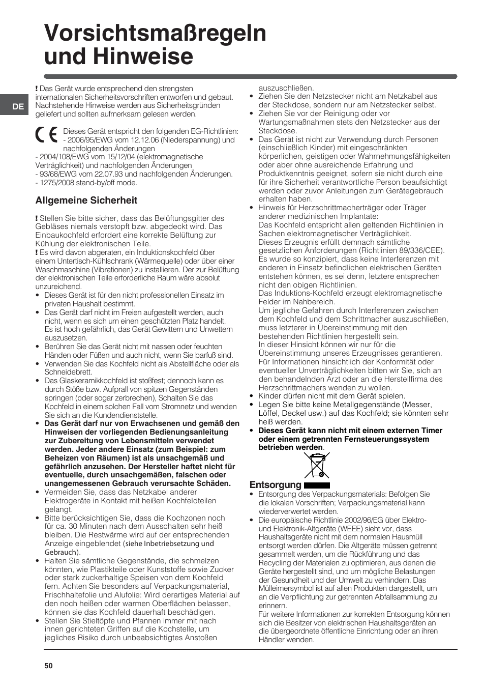 Vorsichtsmaßregeln und hinweise, Allgemeine sicherheit, Entsorgung | Indesit VIA-630-C User Manual | Page 50 / 84