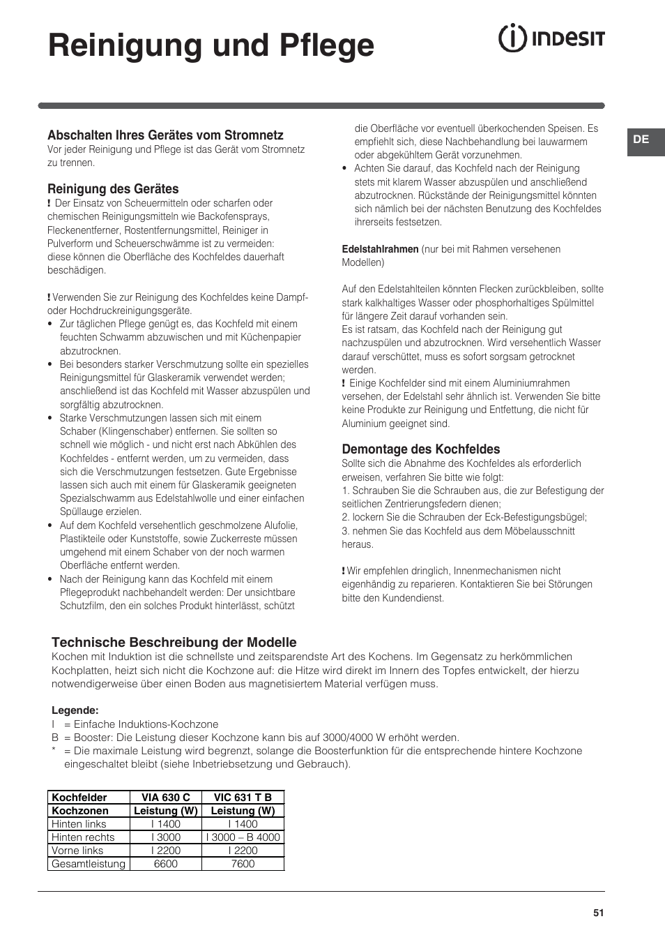 Reinigung und pflege | Indesit VIA-630-C User Manual | Page 51 / 84