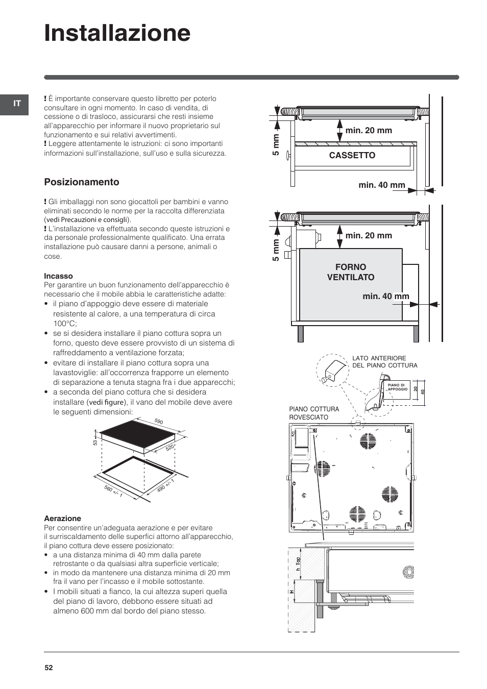 Installazione, Posizionamento | Indesit VIA-630-C User Manual | Page 52 / 84