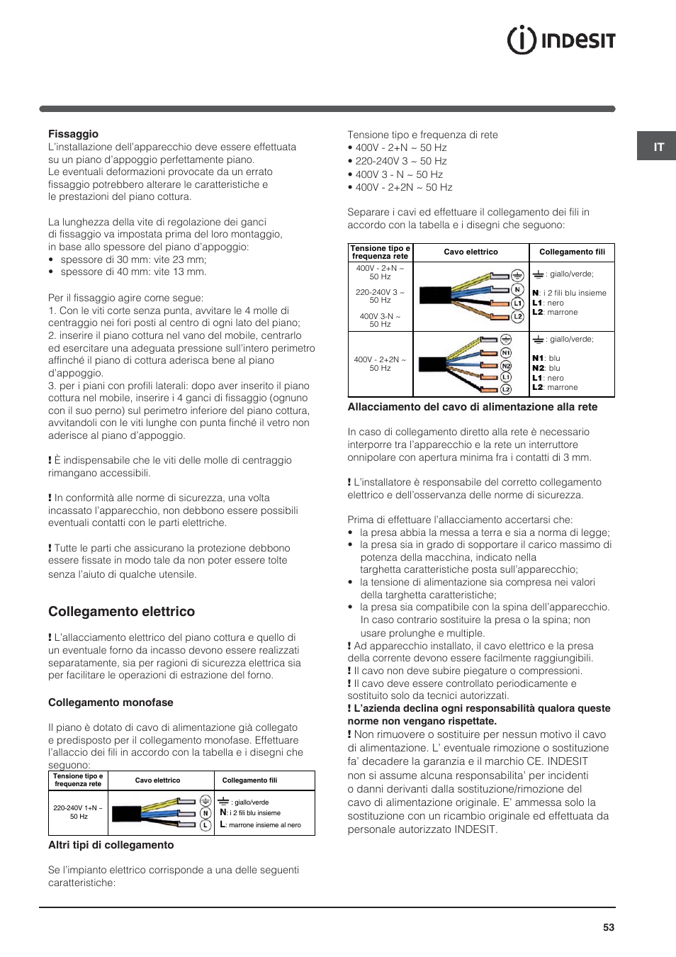 Collegamento elettrico | Indesit VIA-630-C User Manual | Page 53 / 84
