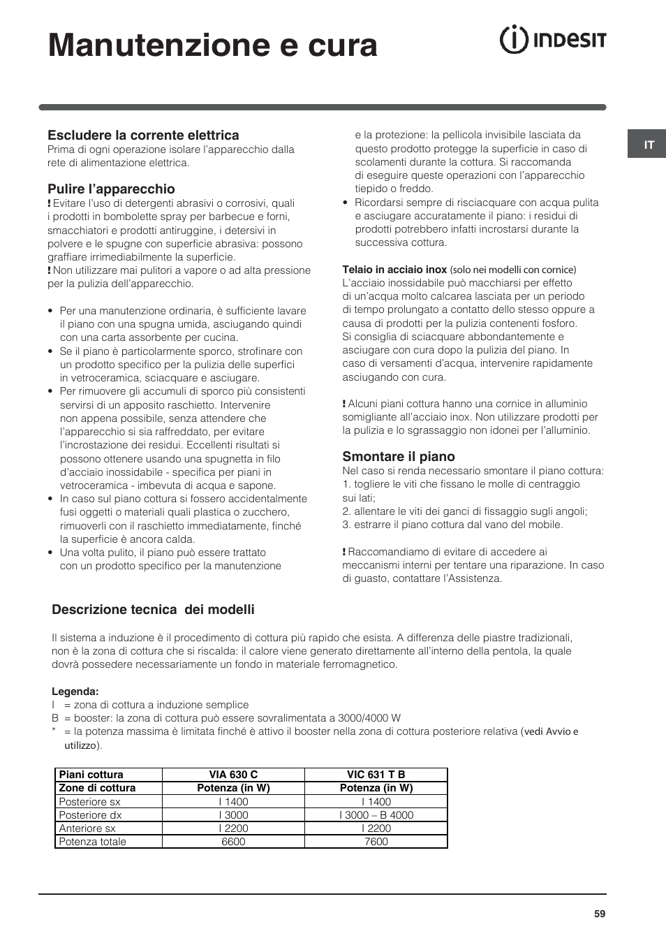 Manutenzione e cura | Indesit VIA-630-C User Manual | Page 59 / 84