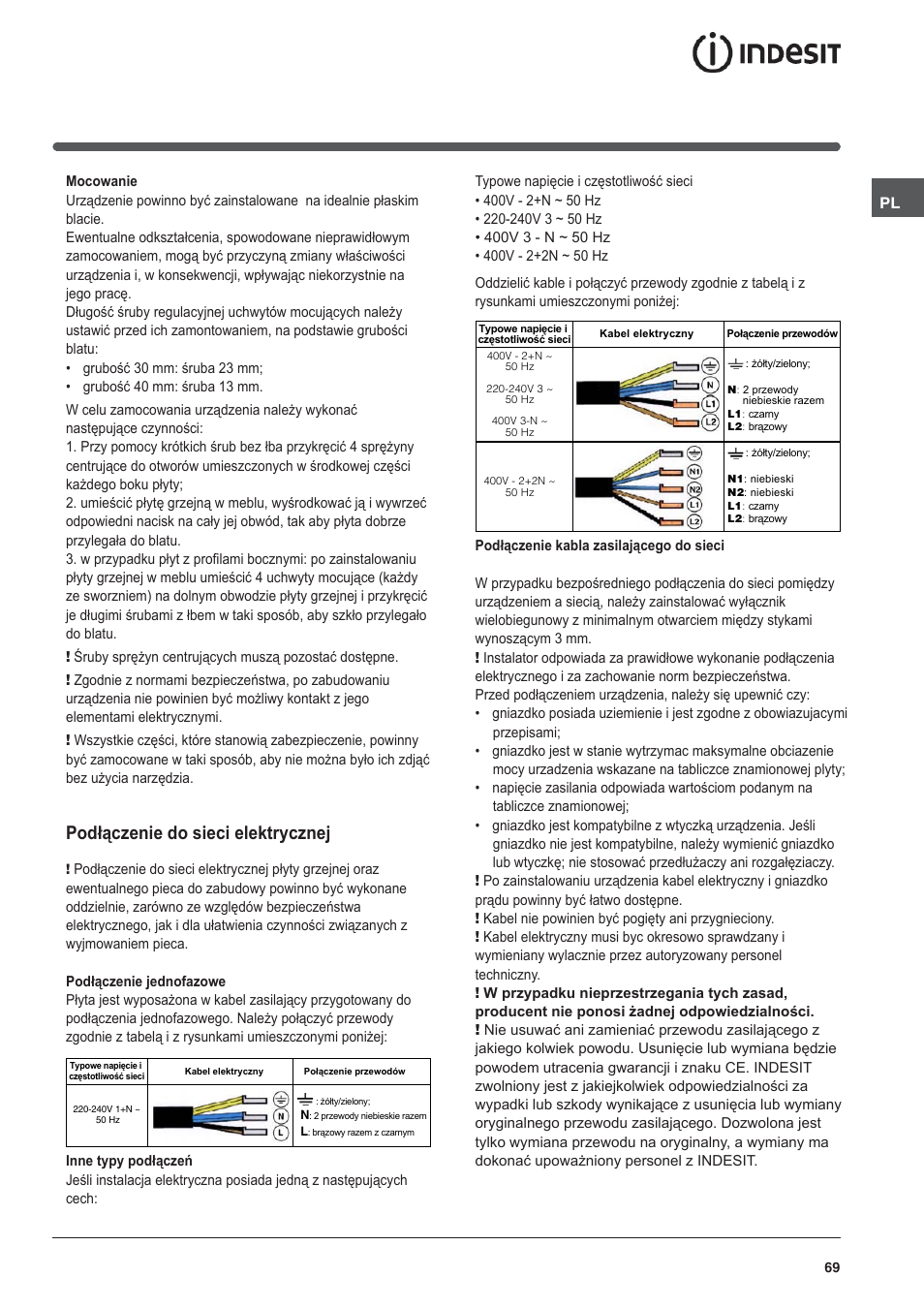 Podłączenie do sieci elektrycznej | Indesit VIA-630-C User Manual | Page 69 / 84