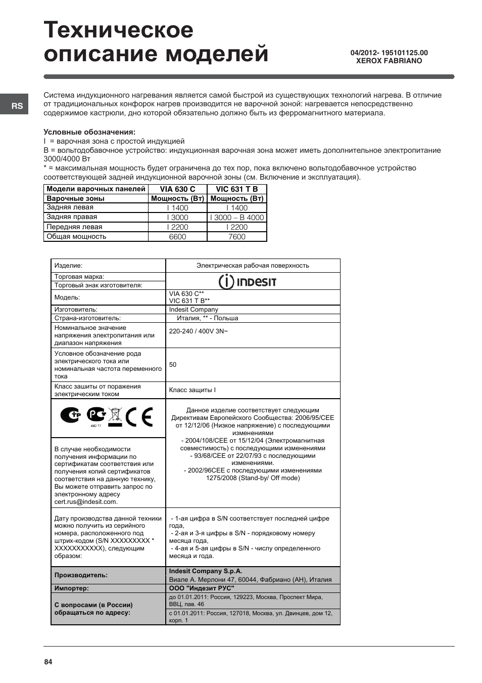 Техническое описание моделей | Indesit VIA-630-C User Manual | Page 84 / 84