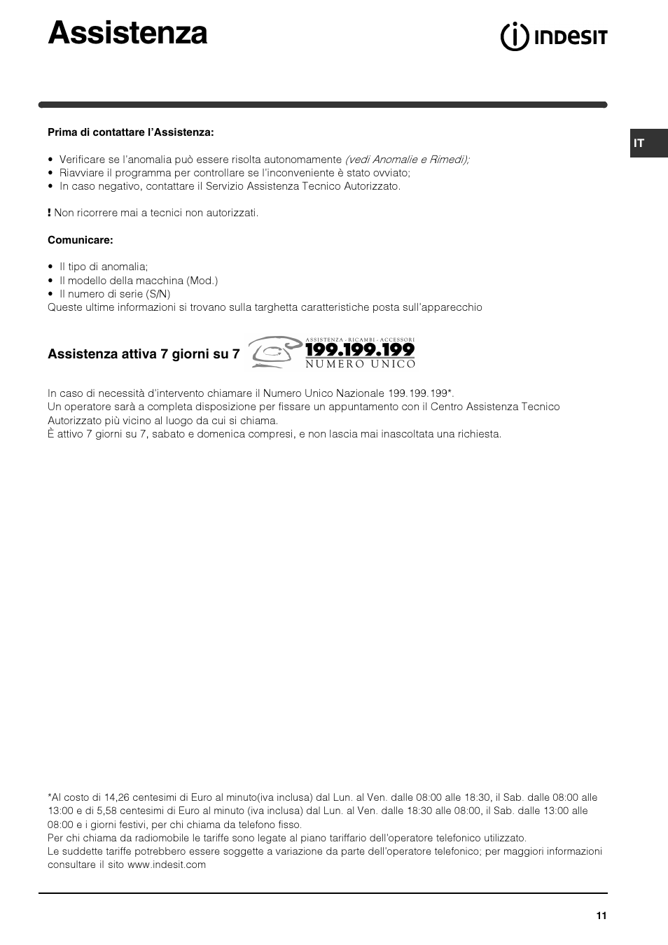 Assistenza | Indesit IPG-640-S-(BK) User Manual | Page 11 / 56