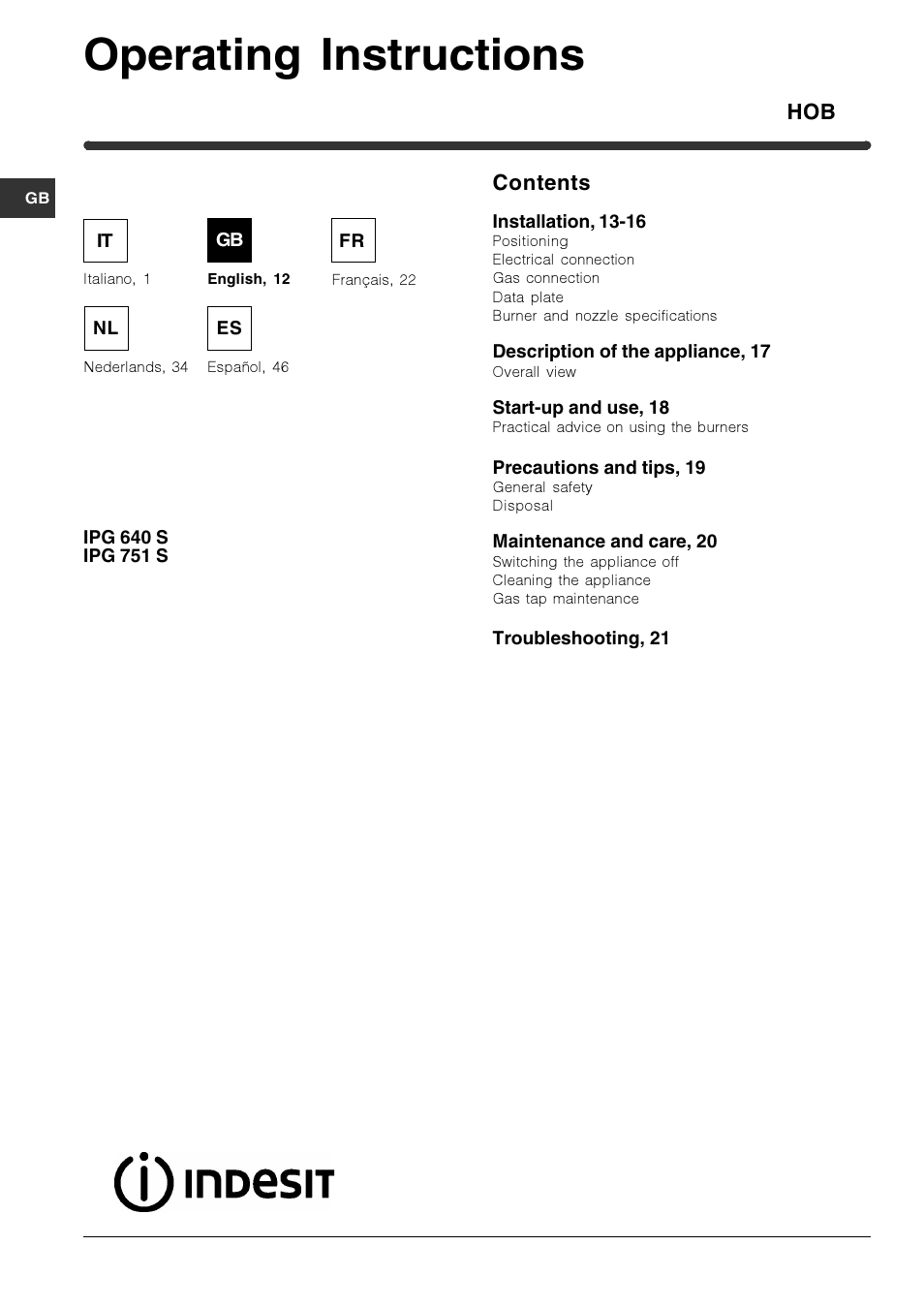 Operating instructions | Indesit IPG-640-S-(BK) User Manual | Page 12 / 56