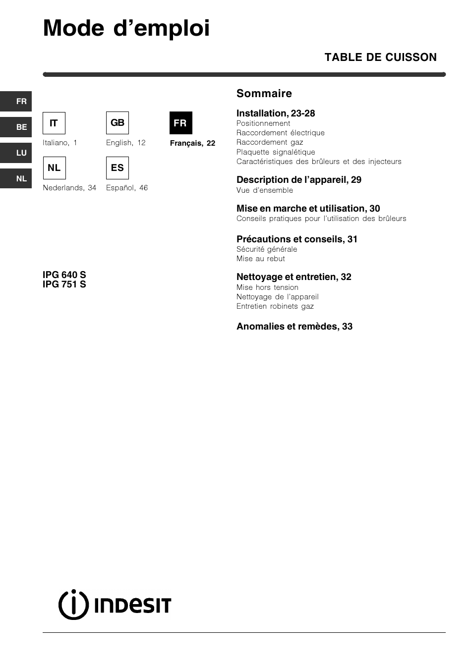 Mode d’emploi, Table de cuisson, Sommaire | Indesit IPG-640-S-(BK) User Manual | Page 22 / 56