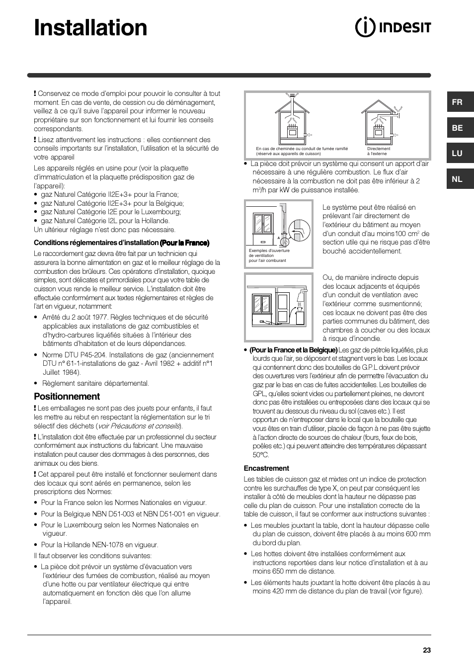 Installation, Positionnement | Indesit IPG-640-S-(BK) User Manual | Page 23 / 56