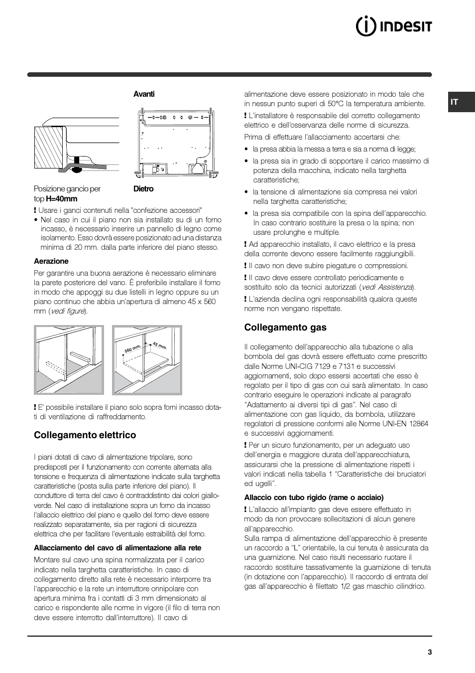 Collegamento elettrico, Collegamento gas | Indesit IPG-640-S-(BK) User Manual | Page 3 / 56