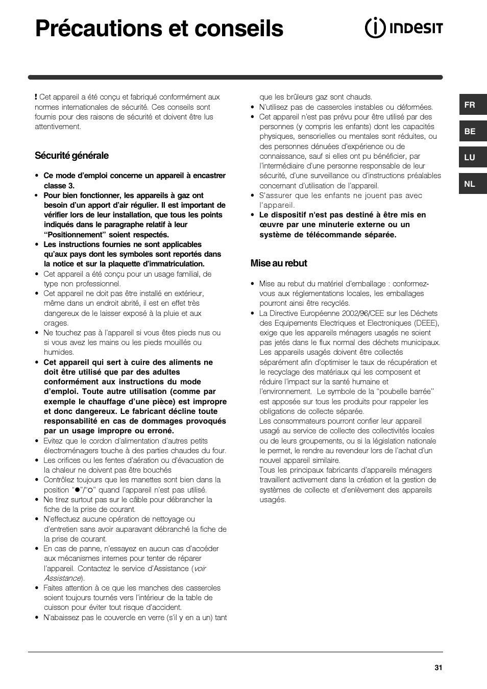 Précautions et conseils | Indesit IPG-640-S-(BK) User Manual | Page 31 / 56