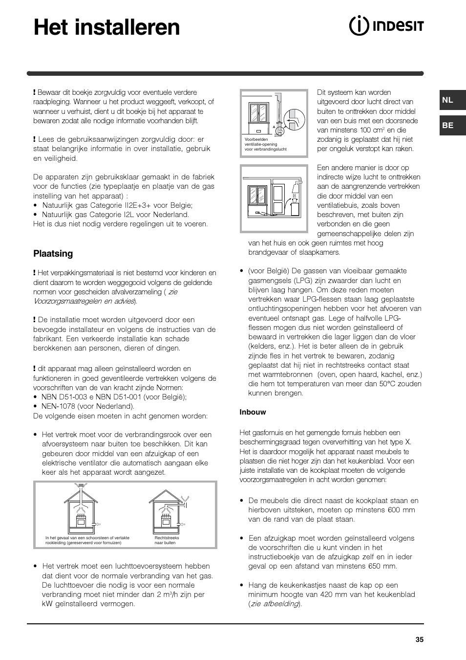 Het installeren, Plaatsing | Indesit IPG-640-S-(BK) User Manual | Page 35 / 56