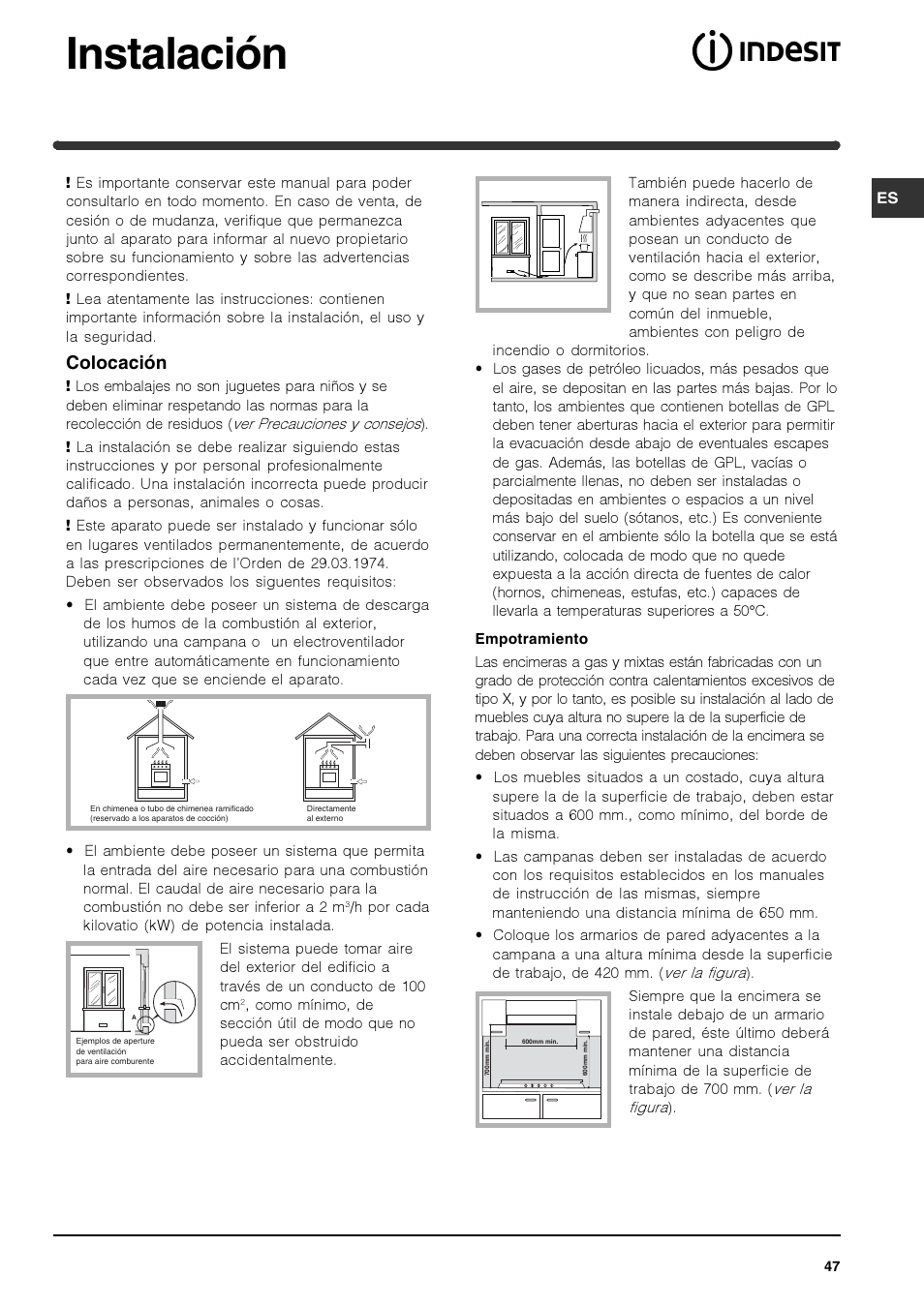 Instalación, Colocación | Indesit IPG-640-S-(BK) User Manual | Page 47 / 56