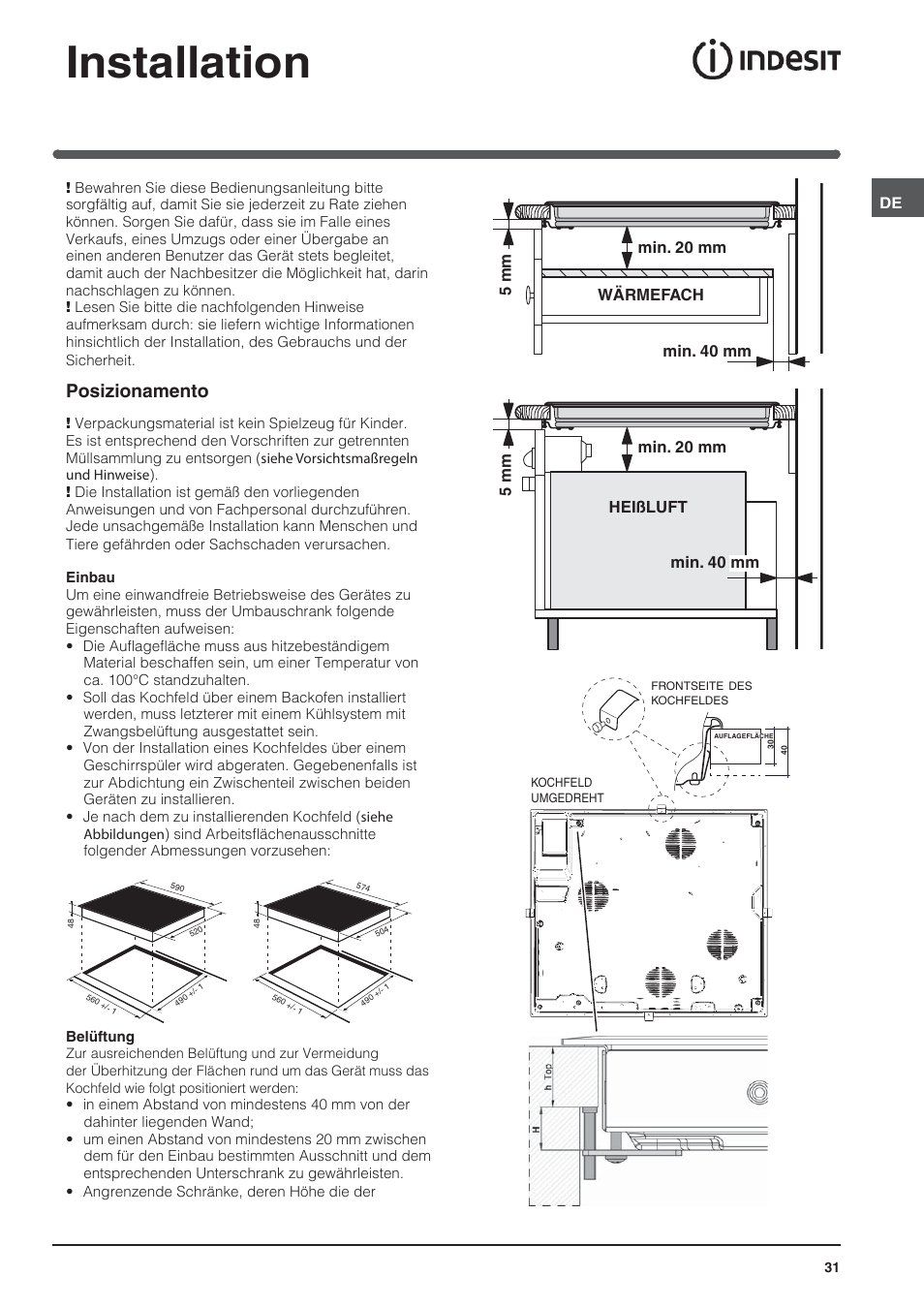 Installation, Posizionamento | Indesit VRM-640-M-IX User Manual | Page 31 / 72