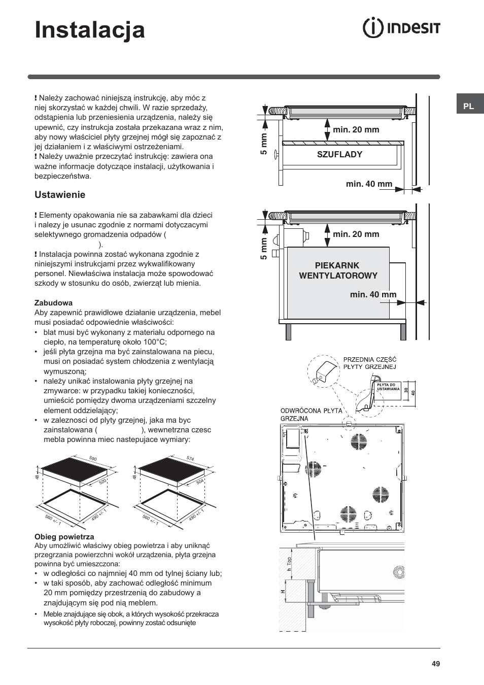 Instalacja, Ustawienie | Indesit VRM-640-M-IX User Manual | Page 49 / 72