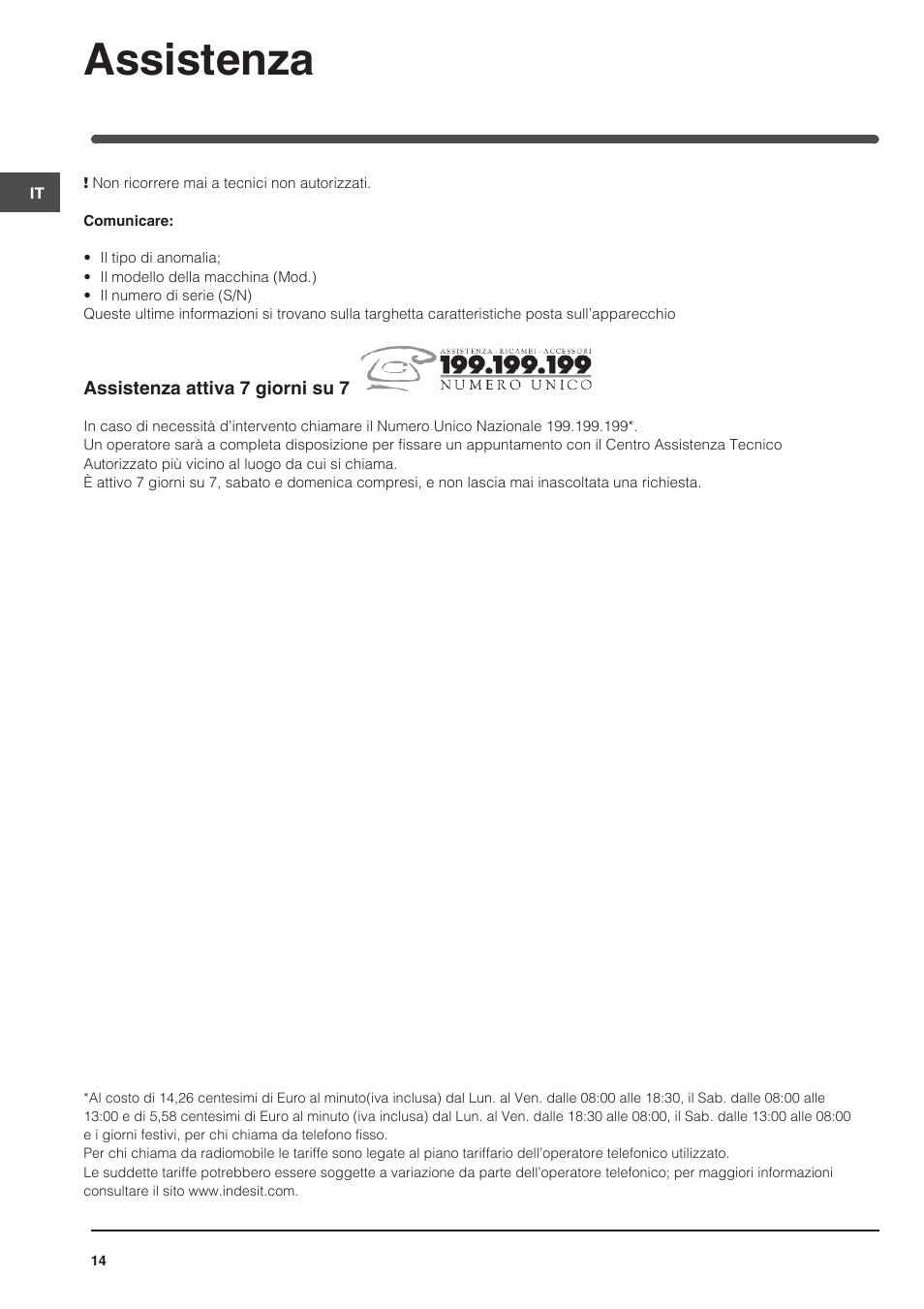 Assistenza | Indesit KN6G21S(X)-I User Manual | Page 14 / 44