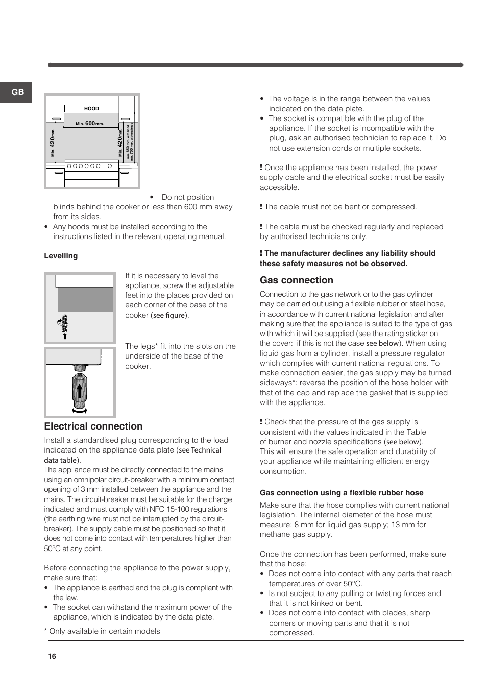 Electrical connection, Gas connection | Indesit KN6G21S(X)-I User Manual | Page 16 / 44