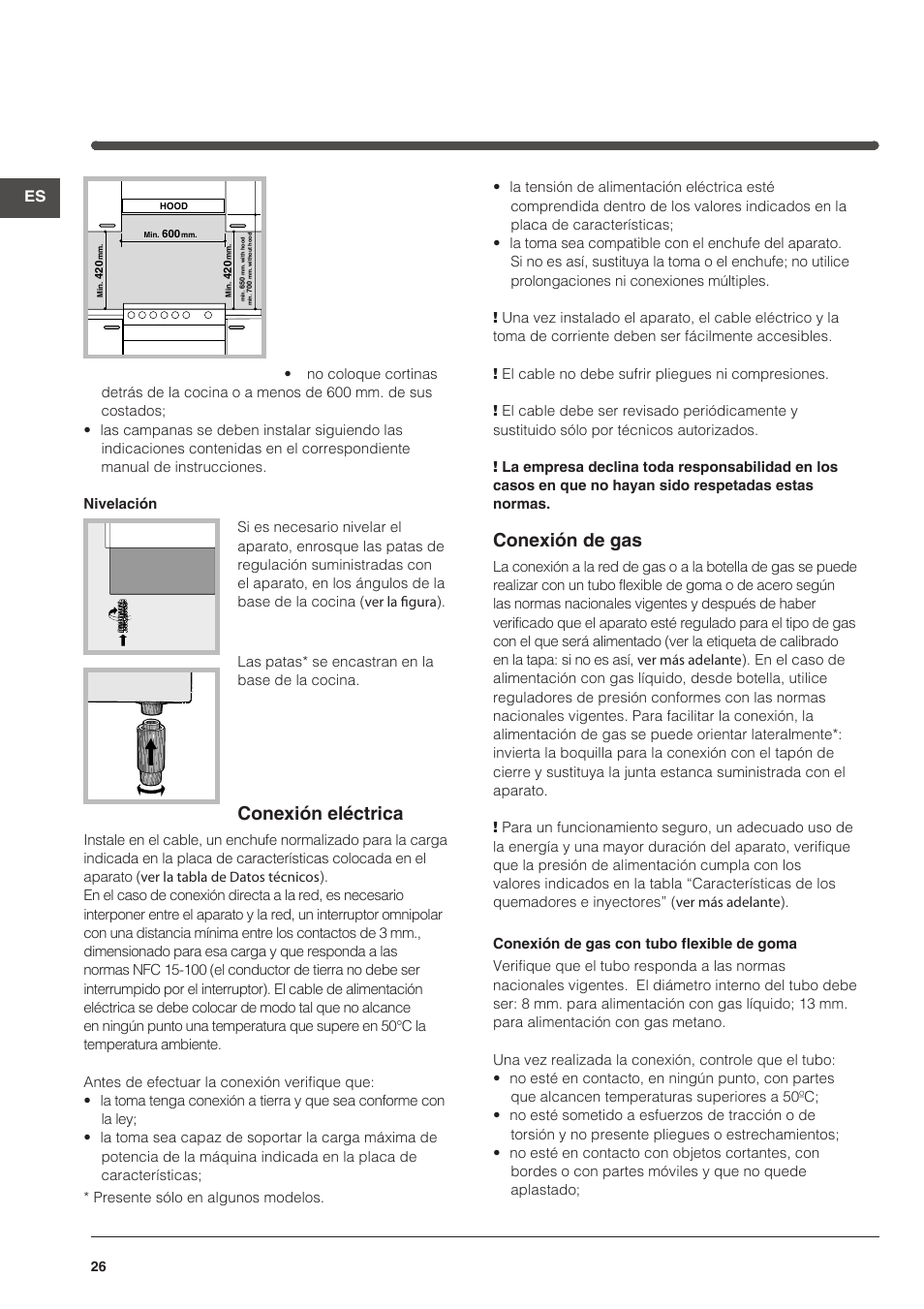 Conexión eléctrica, Conexión de gas | Indesit KN6G21S(X)-I User Manual | Page 26 / 44