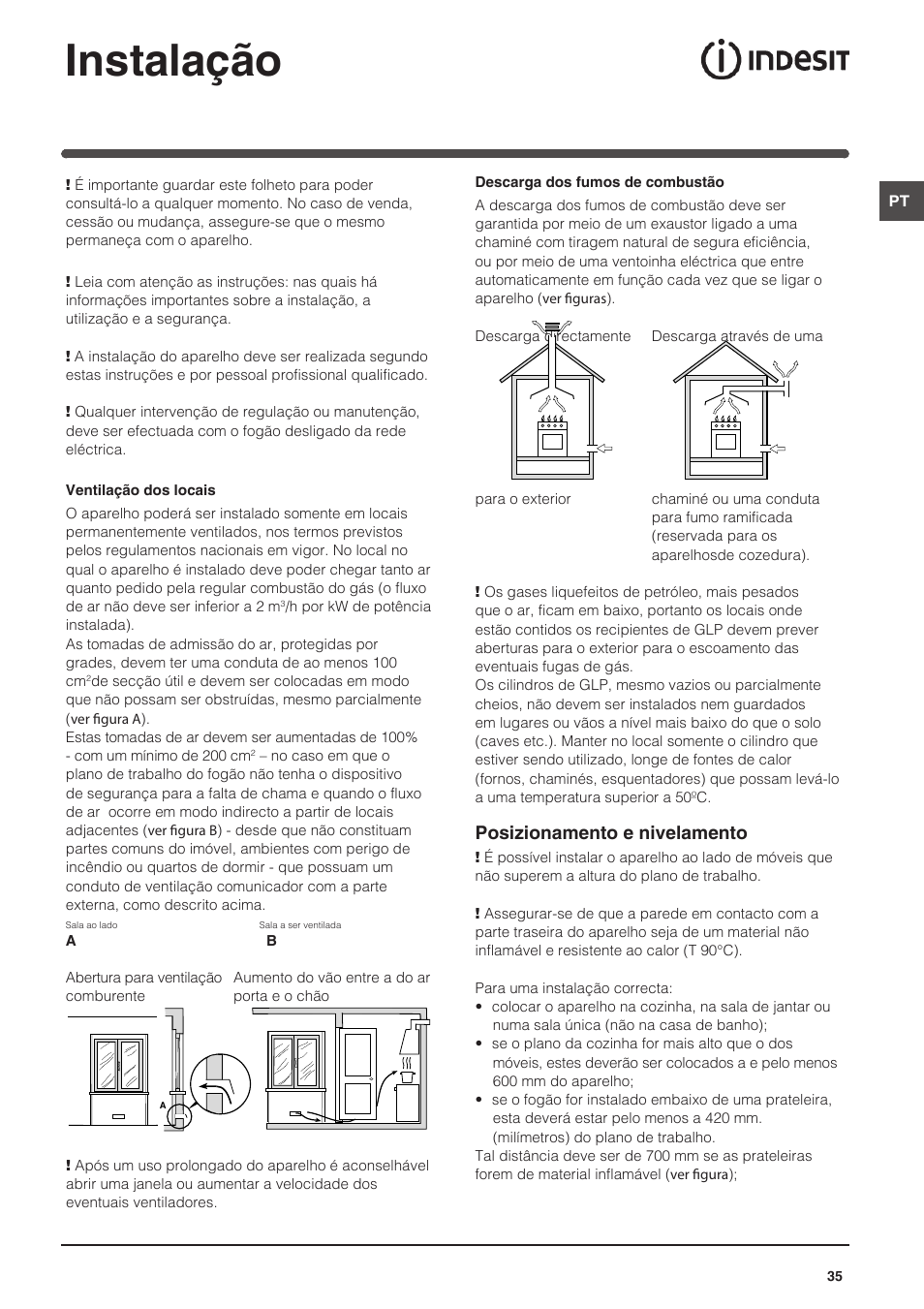 Instalação, Posizionamento e nivelamento | Indesit KN6G21S(X)-I User Manual | Page 35 / 44
