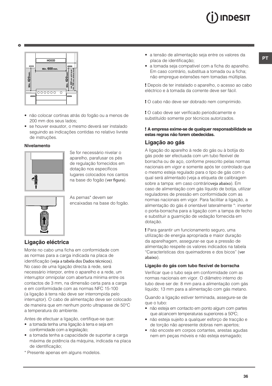 Ligação eléctrica, Ligação ao gás | Indesit KN6G21S(X)-I User Manual | Page 36 / 44