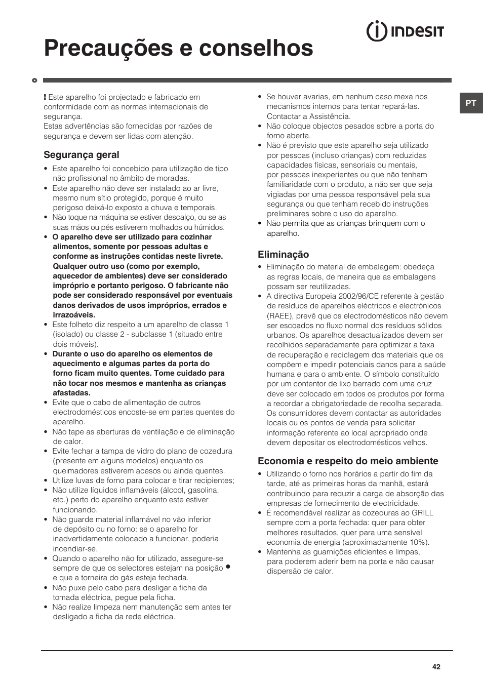 Precauções e conselhos | Indesit KN6G21S(X)-I User Manual | Page 42 / 44