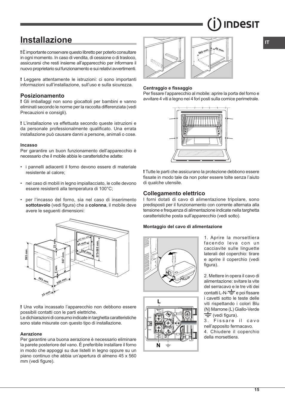 Installazione, Posizionamento, Collegamento elettrico | Indesit FIM-88-KGP.A-IX-S User Manual | Page 15 / 72