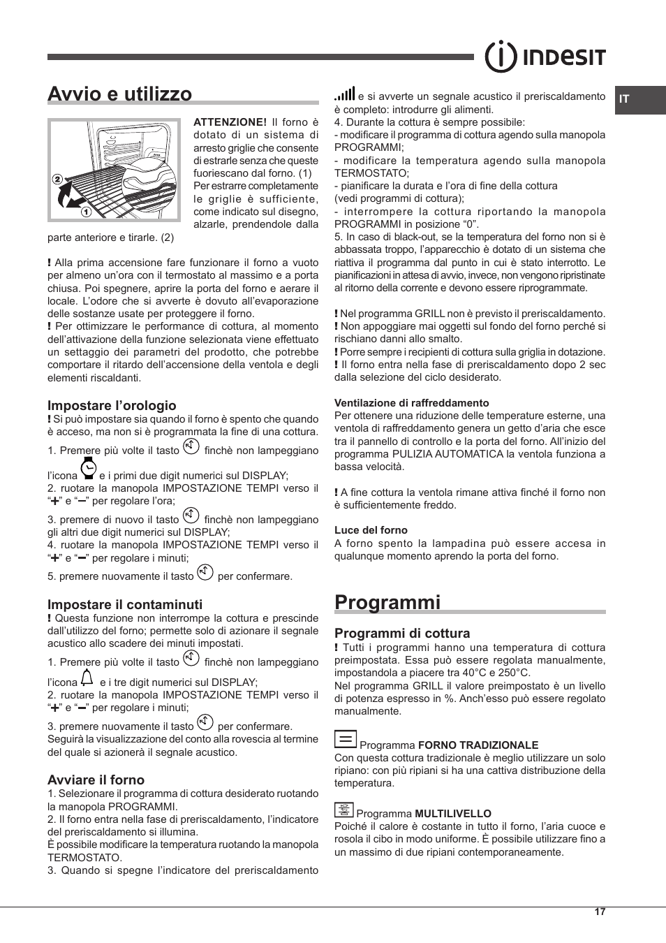 Avvio e utilizzo, Programmi, Impostare l’orologio | Impostare il contaminuti, Avviare il forno, Programmi di cottura | Indesit FIM-88-KGP.A-IX-S User Manual | Page 17 / 72