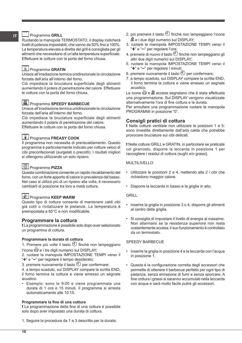 Programmare la cottura, Consigli pratici di cottura | Indesit FIM-88-KGP.A-IX-S User Manual | Page 18 / 72