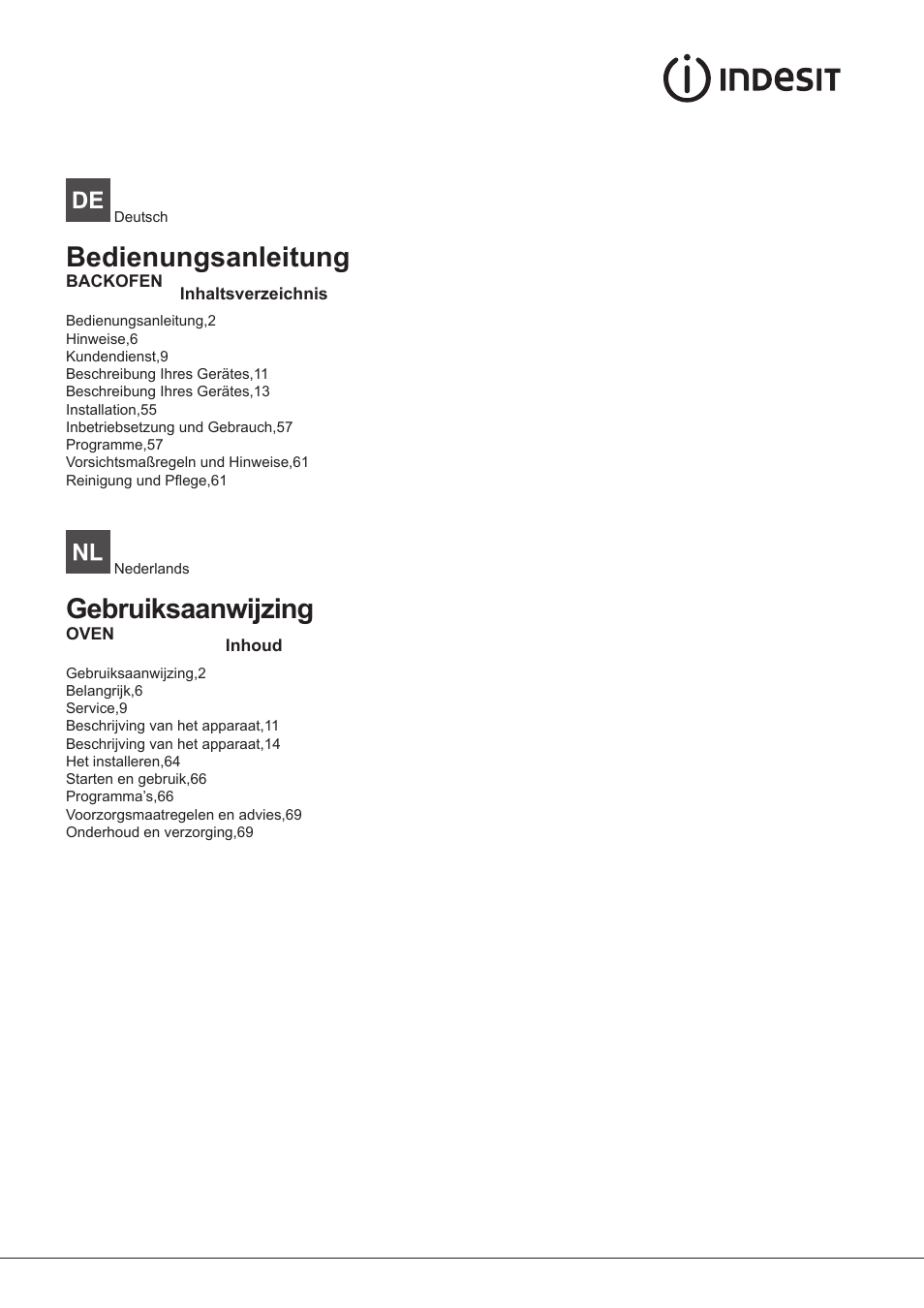 Bedienungsanleitung, Gebruiksaanwijzing | Indesit FIM-88-KGP.A-IX-S User Manual | Page 2 / 72