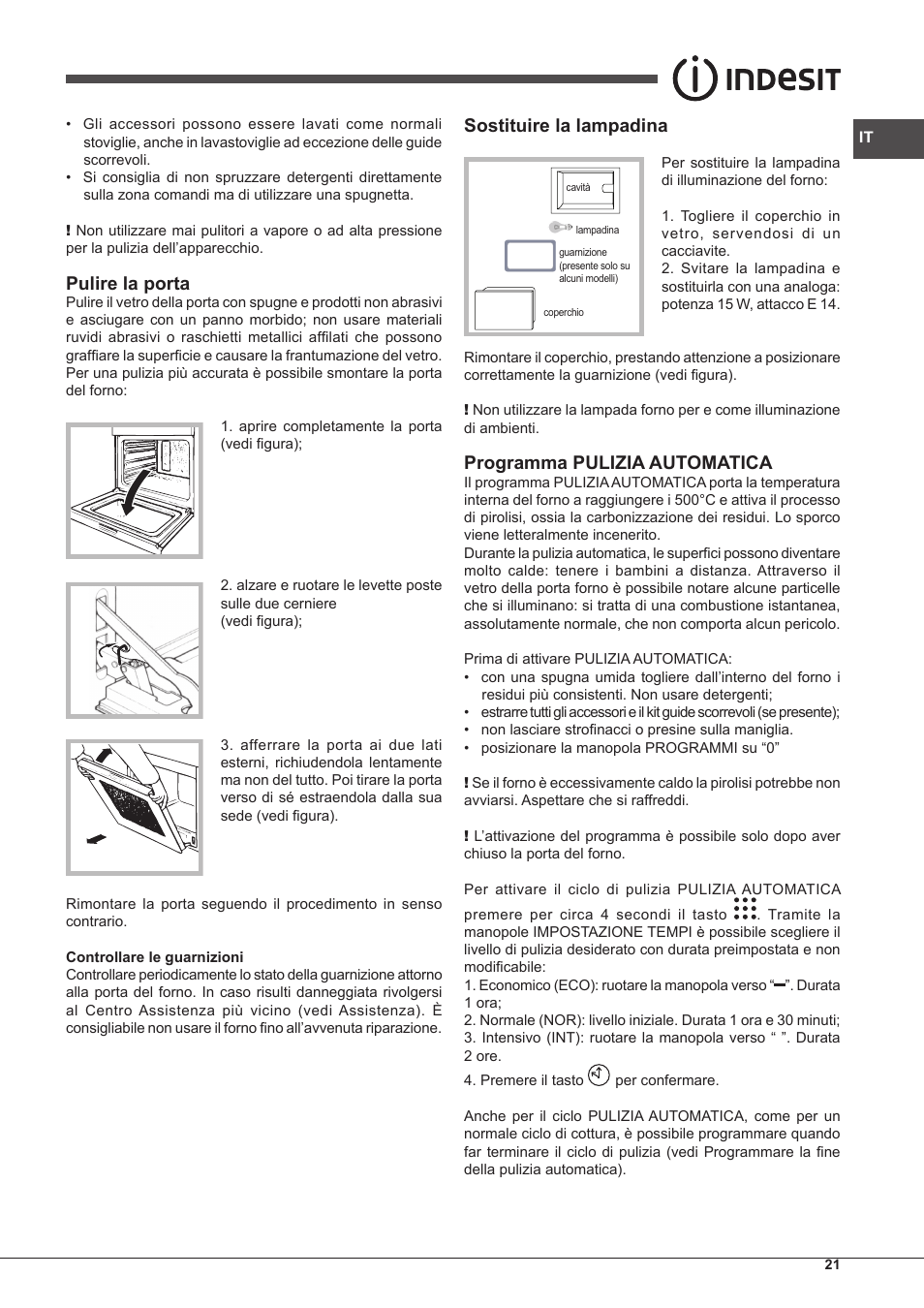 Pulire la porta, Sostituire la lampadina, Programma pulizia automatica | Indesit FIM-88-KGP.A-IX-S User Manual | Page 21 / 72