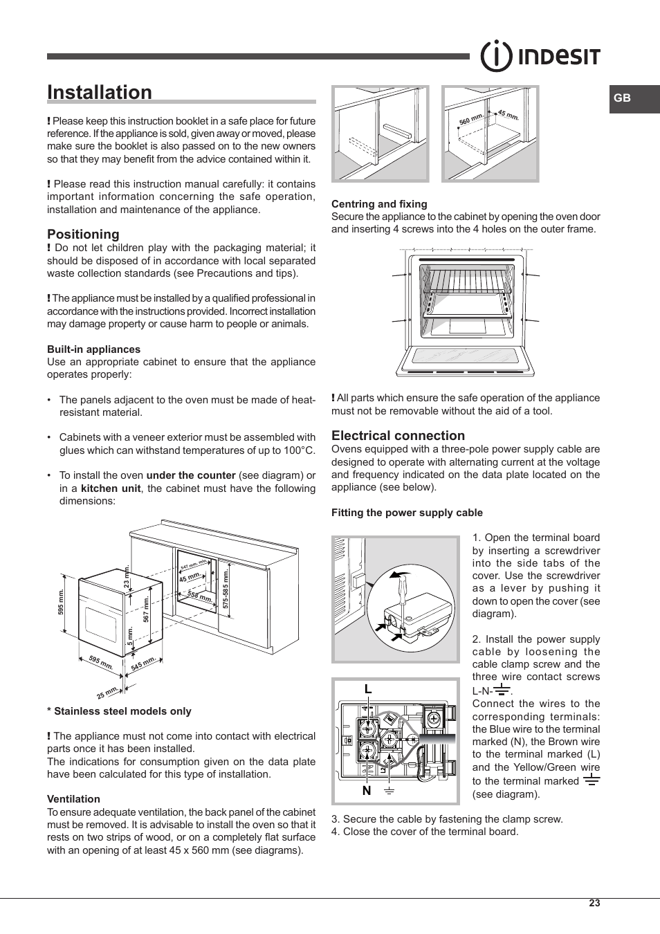 Installation, Positioning, Electrical connection | Indesit FIM-88-KGP.A-IX-S User Manual | Page 23 / 72