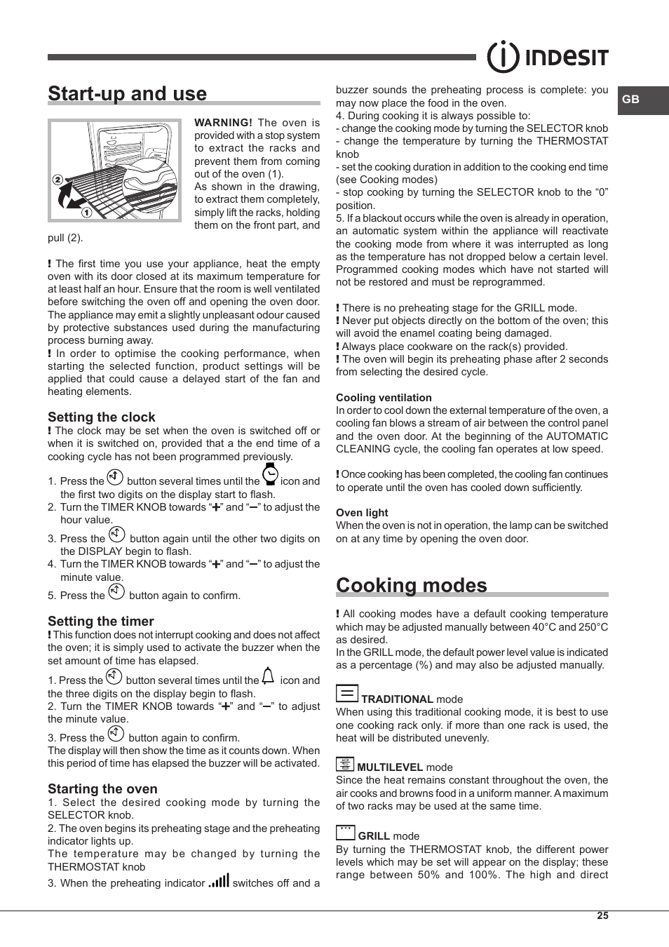 Start-up and use, Cooking modes, Setting the clock | Setting the timer, Starting the oven | Indesit FIM-88-KGP.A-IX-S User Manual | Page 25 / 72