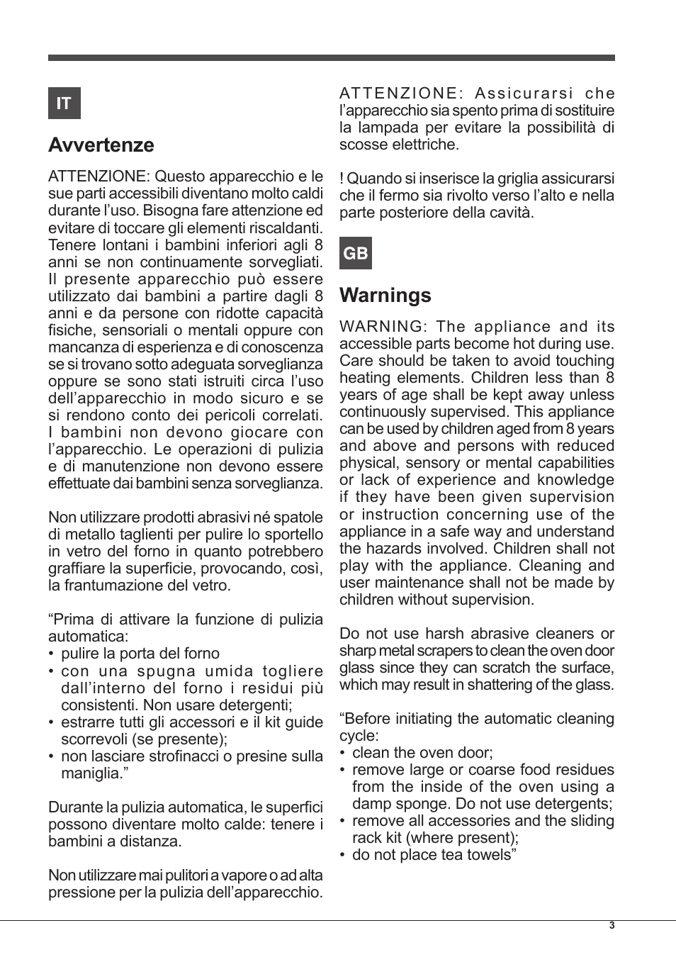 Avvertenze, Warnings | Indesit FIM-88-KGP.A-IX-S User Manual | Page 3 / 72