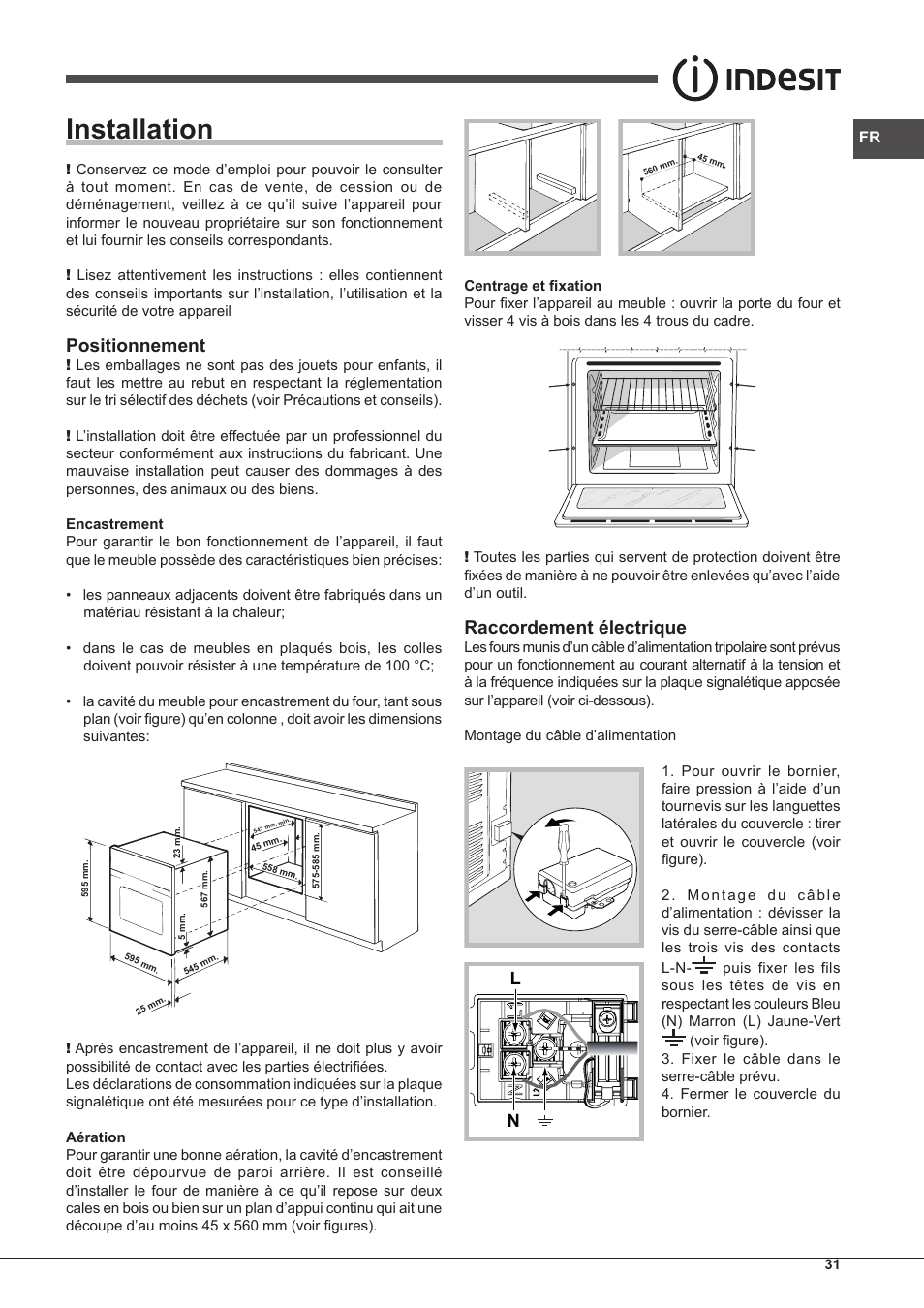 Installation, Positionnement, Raccordement électrique | Indesit FIM-88-KGP.A-IX-S User Manual | Page 31 / 72