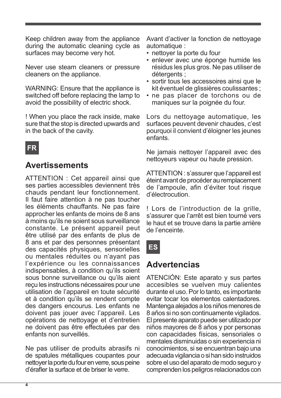 Avertissements, Advertencias | Indesit FIM-88-KGP.A-IX-S User Manual | Page 4 / 72