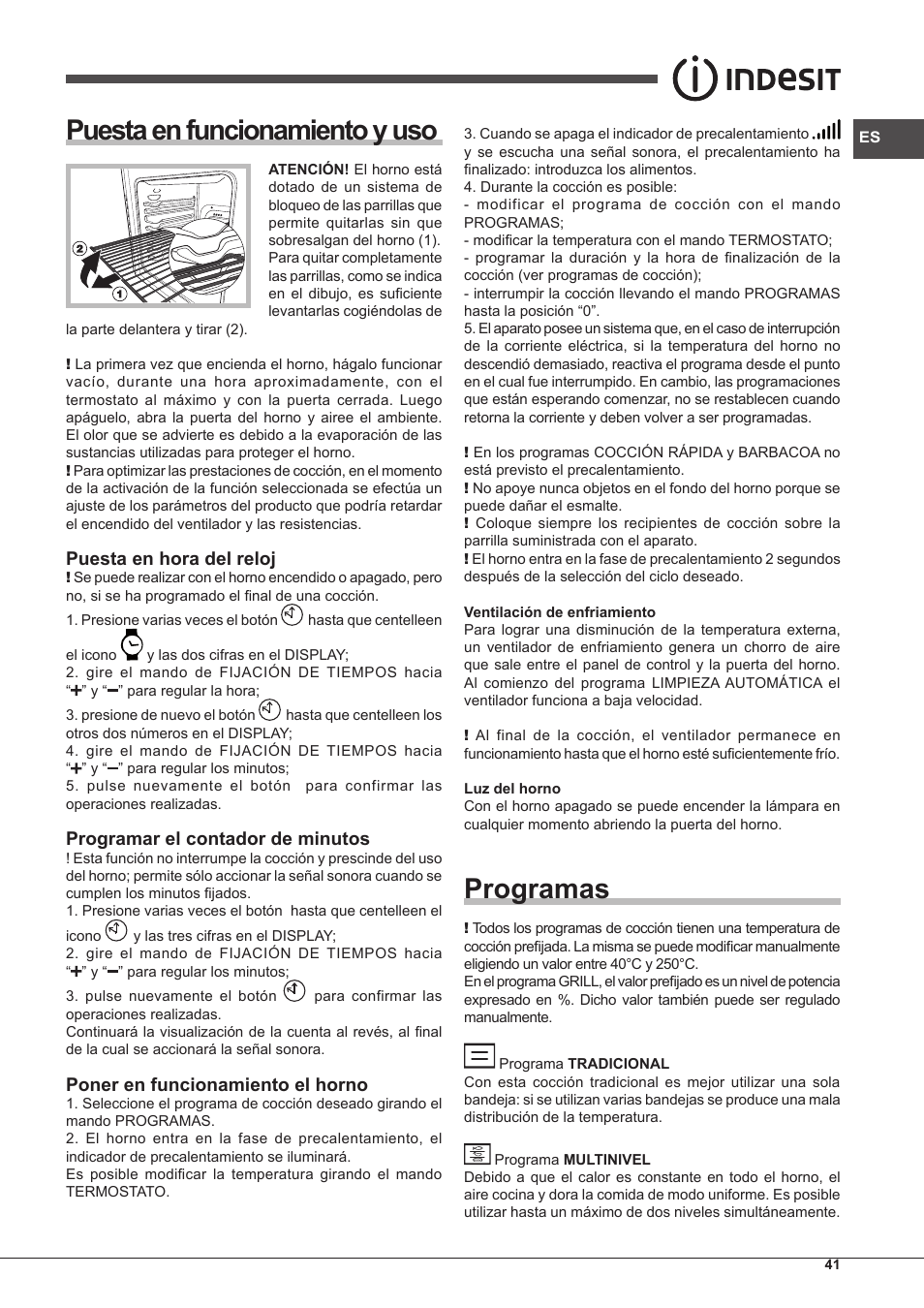 Puesta en funcionamiento y uso, Programas, Puesta en hora del reloj | Programar el contador de minutos, Poner en funcionamiento el horno | Indesit FIM-88-KGP.A-IX-S User Manual | Page 41 / 72