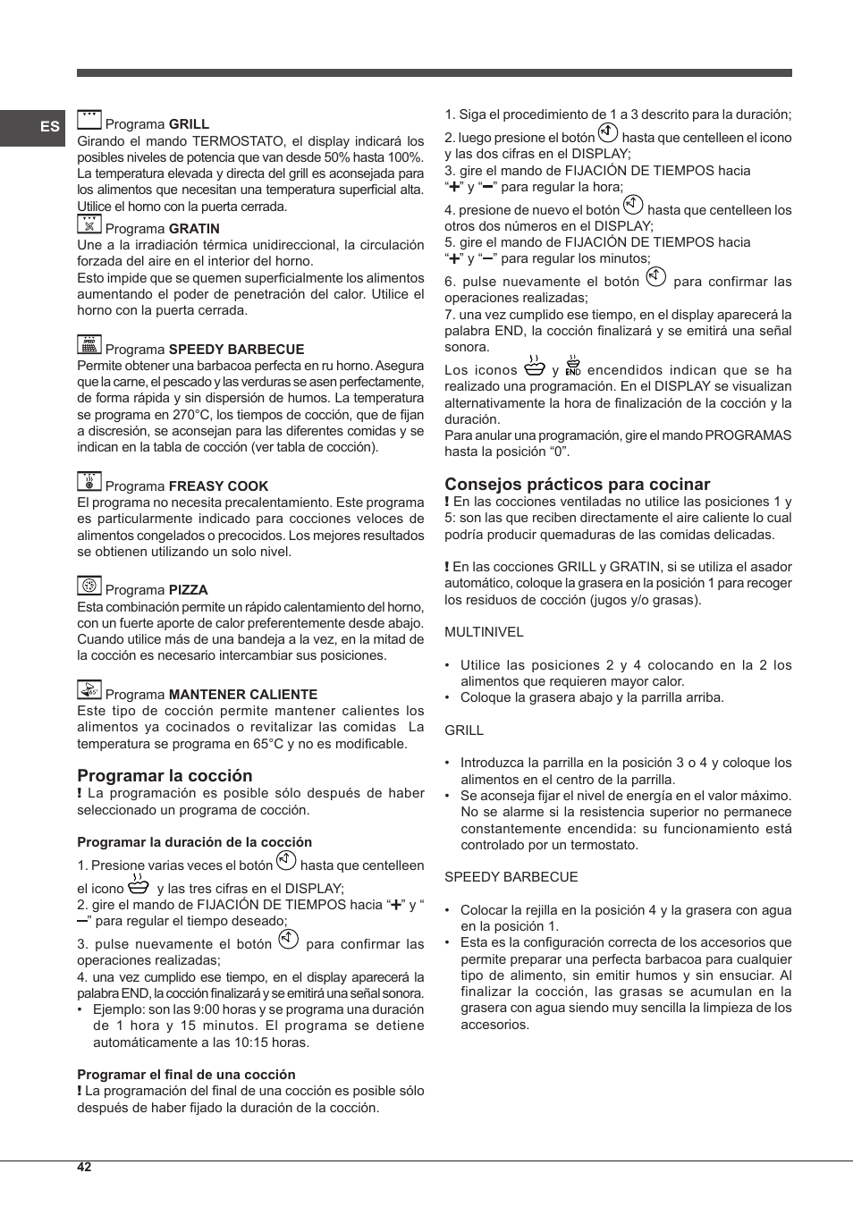 Programar la cocción, Consejos prácticos para cocinar | Indesit FIM-88-KGP.A-IX-S User Manual | Page 42 / 72