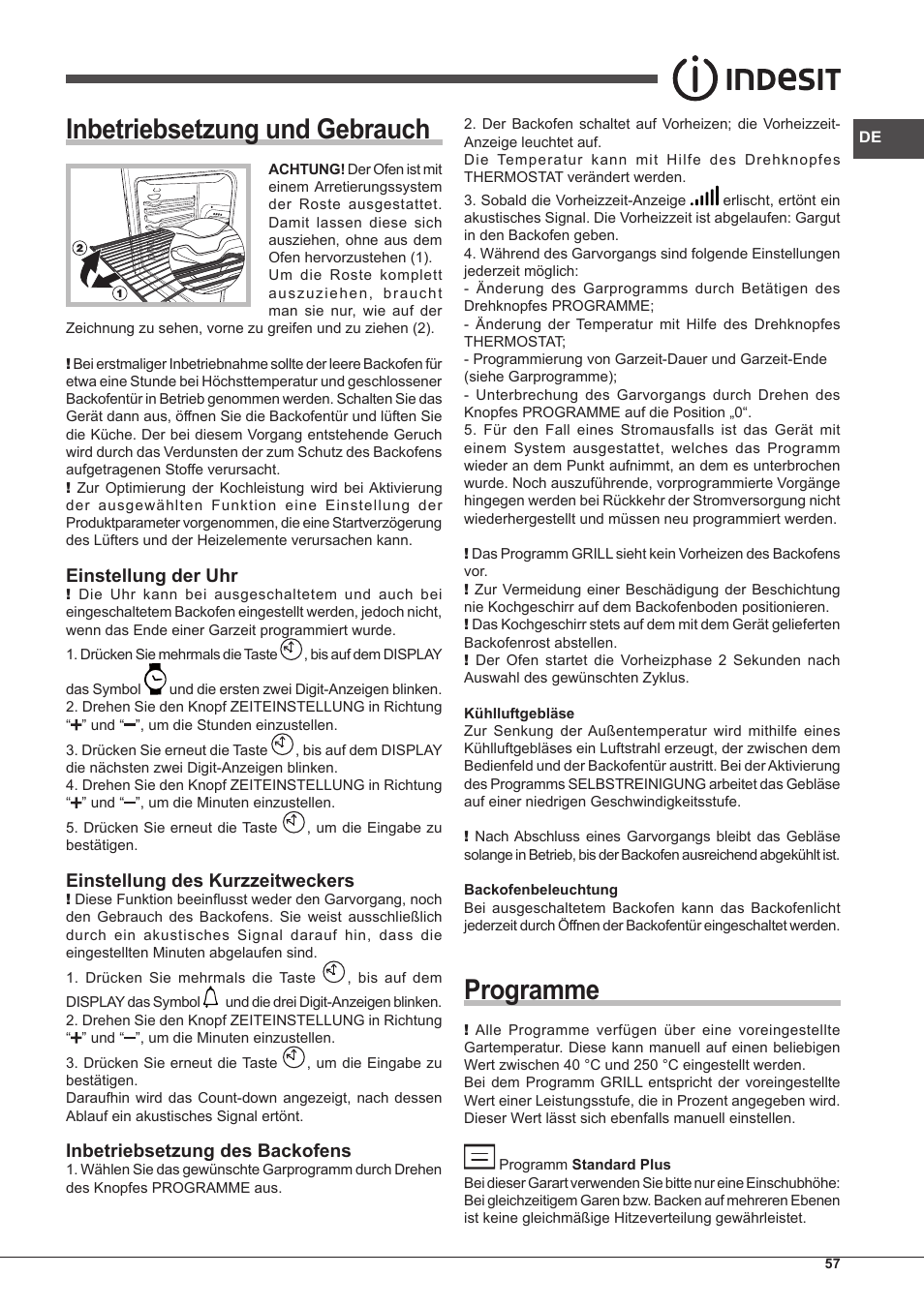 Inbetriebsetzung und gebrauch, Programme, Einstellung der uhr | Einstellung des kurzzeitweckers, Inbetriebsetzung des backofens | Indesit FIM-88-KGP.A-IX-S User Manual | Page 57 / 72