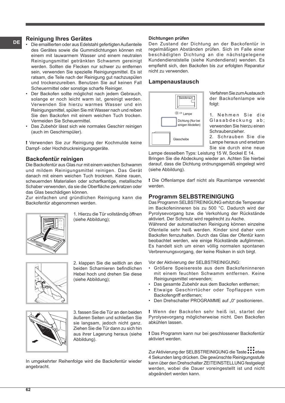 Reinigung ihres gerätes, Backofentür reinigen, Lampenaustausch | Programm selbstreinigung | Indesit FIM-88-KGP.A-IX-S User Manual | Page 62 / 72