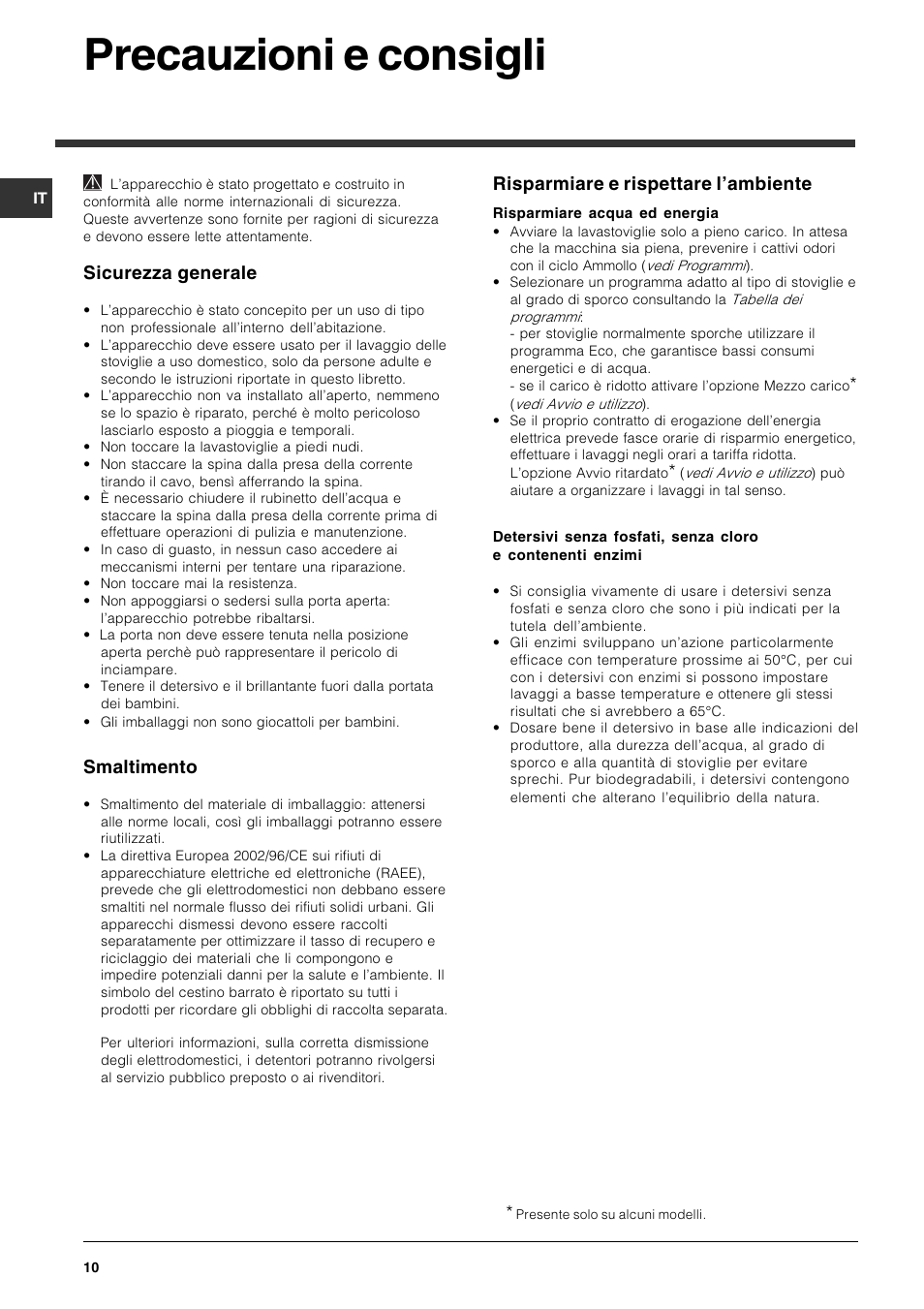 Precauzioni e consigli, Sicurezza generale, Smaltimento | Risparmiare e rispettare lambiente | Indesit DIS 16 User Manual | Page 10 / 80