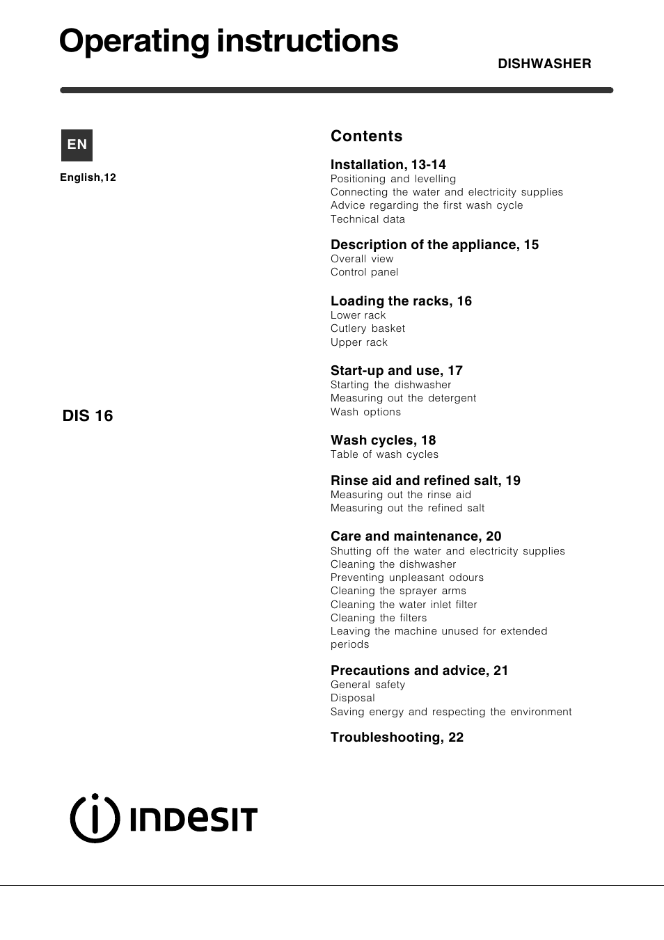 Indesit DIS 16 User Manual | Page 12 / 80
