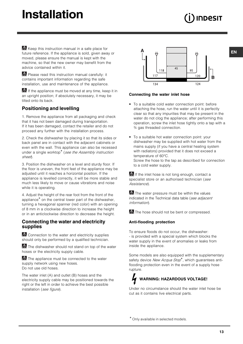 Installation, Positioning and levelling, Connecting the water and electricity supplies | Indesit DIS 16 User Manual | Page 13 / 80