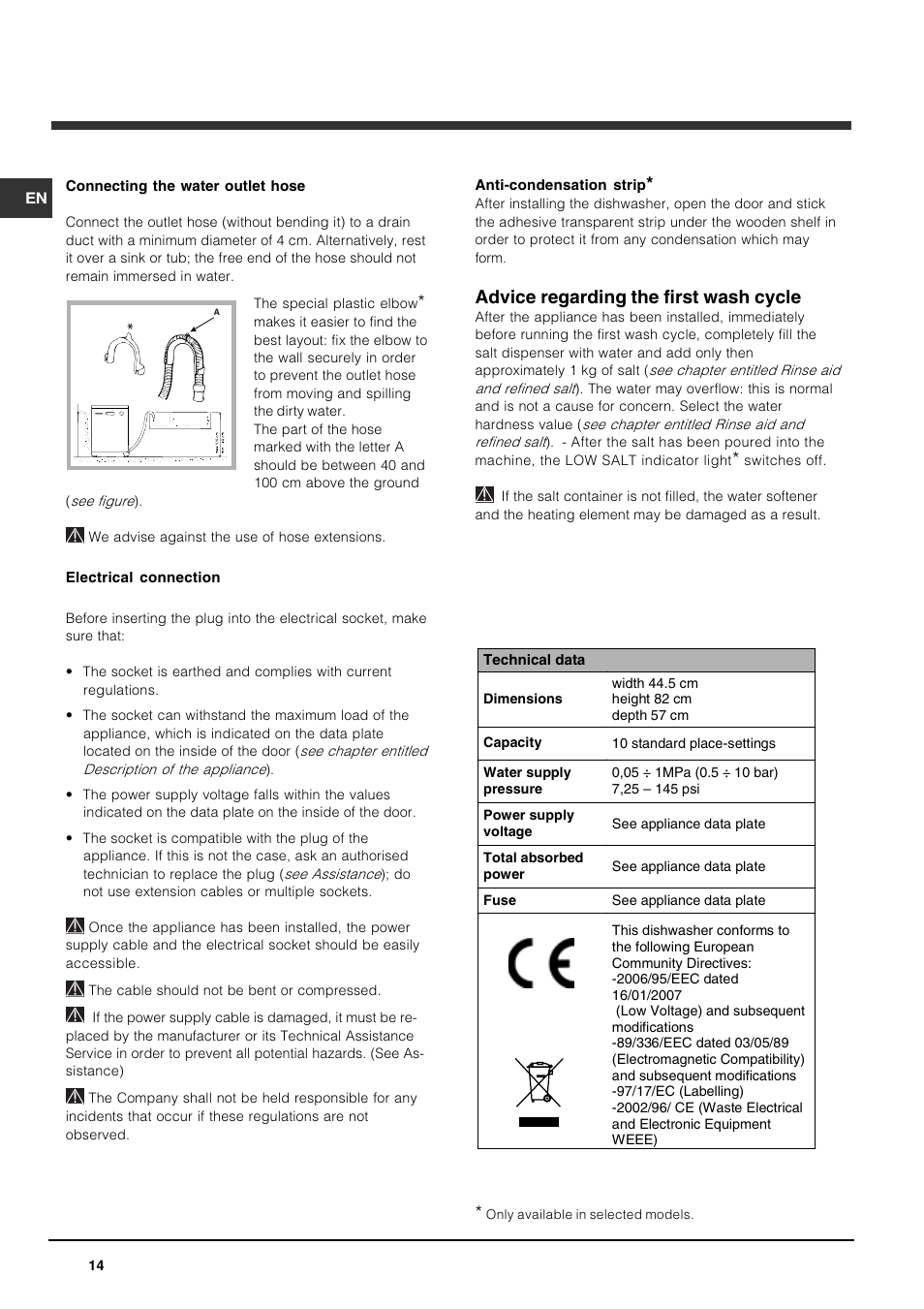 Advice regarding the first wash cycle | Indesit DIS 16 User Manual | Page 14 / 80