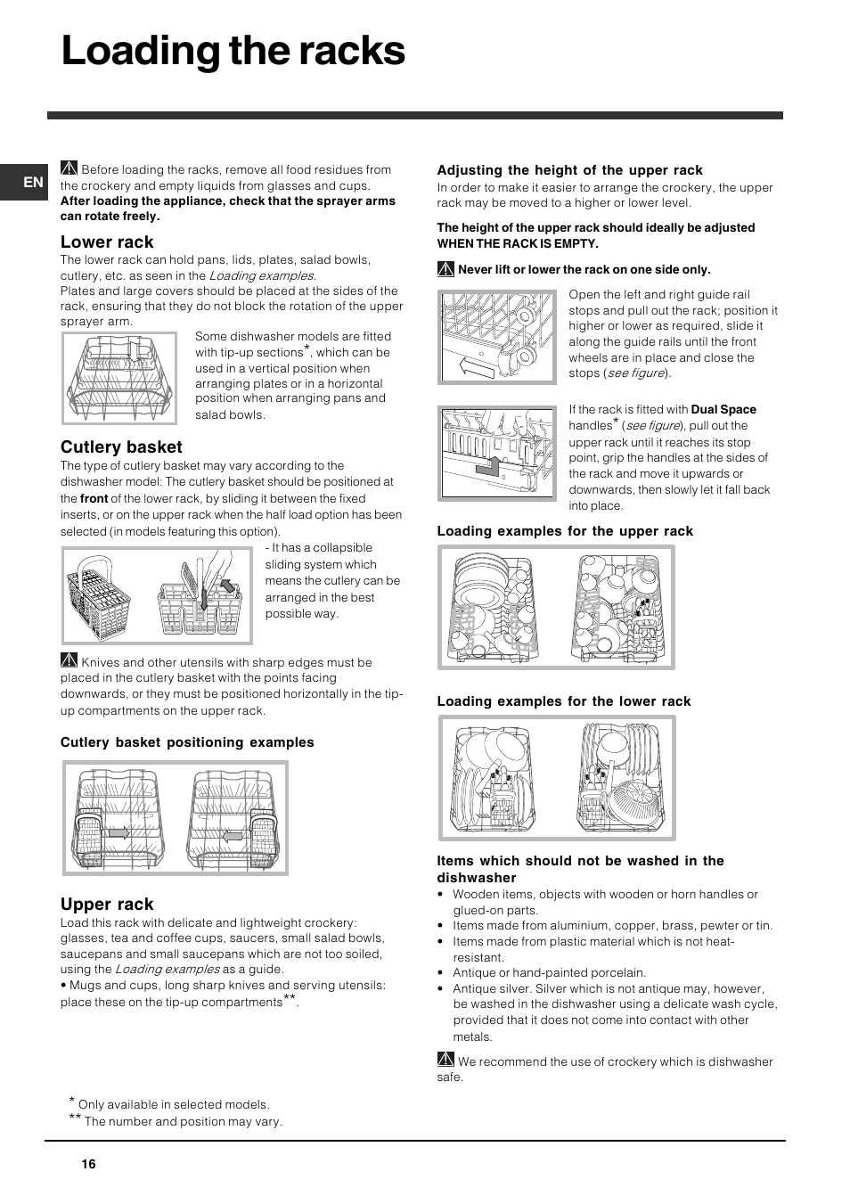 Loading the racks, Lower rack, Cutlery basket | Upper rack | Indesit DIS 16 User Manual | Page 16 / 80
