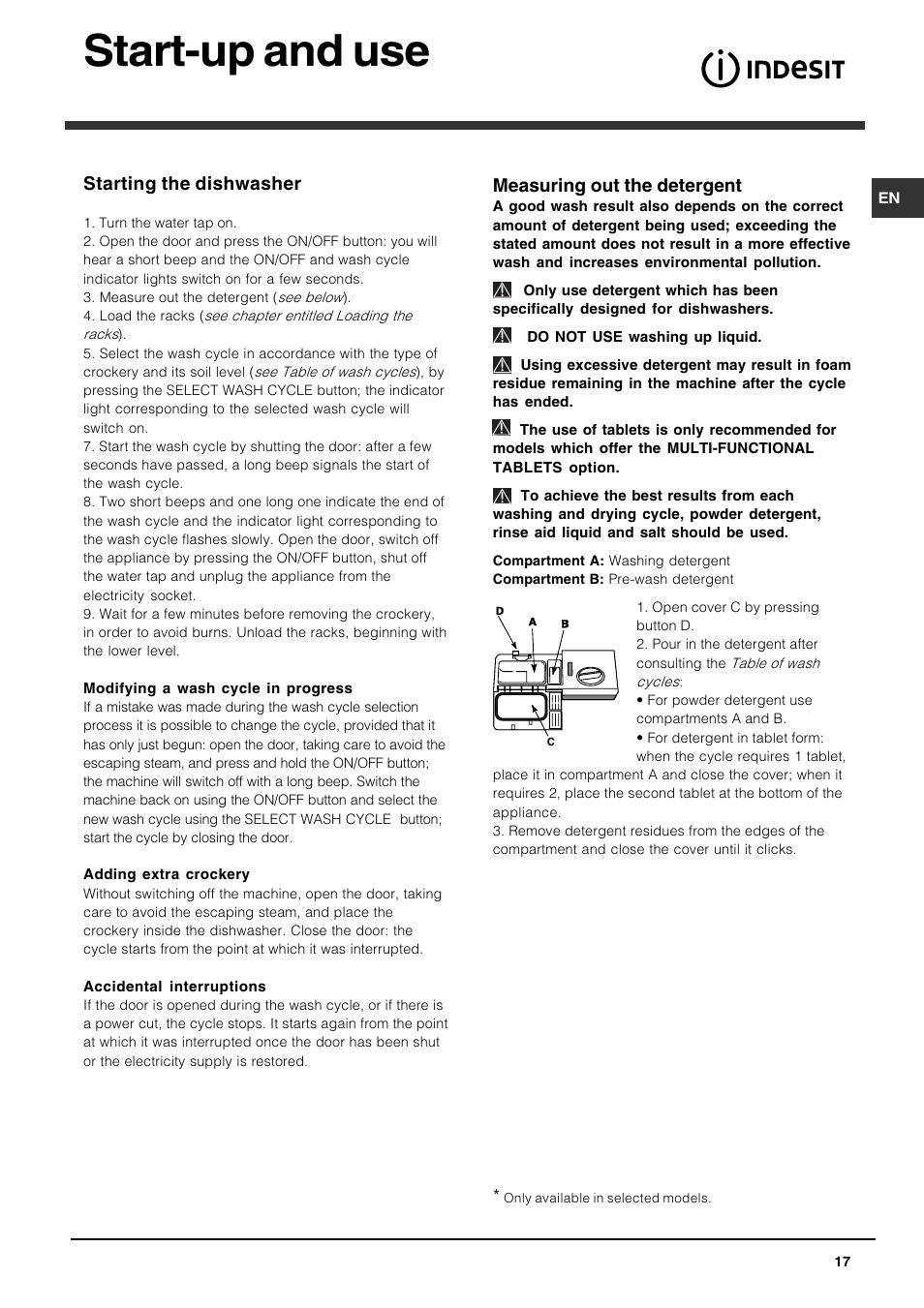 Start-up and use, Measuring out the detergent, Starting the dishwasher | Indesit DIS 16 User Manual | Page 17 / 80