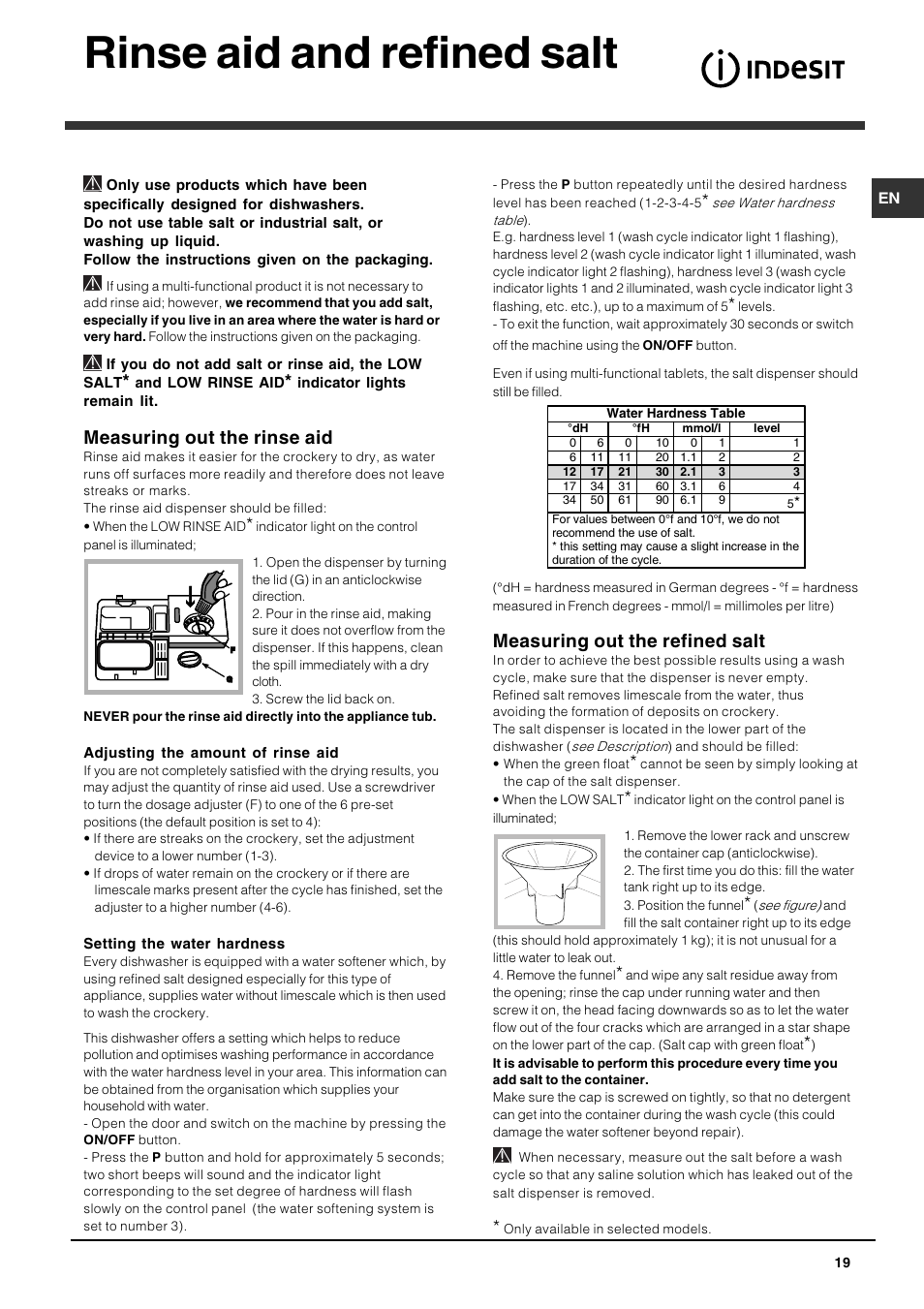 Rinse aid and refined salt, Measuring out the rinse aid, Measuring out the refined salt | Indesit DIS 16 User Manual | Page 19 / 80