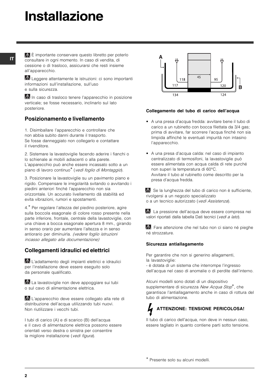 Installazione, Posizionamento e livellamento, Collegamenti idraulici ed elettrici | Indesit DIS 16 User Manual | Page 2 / 80