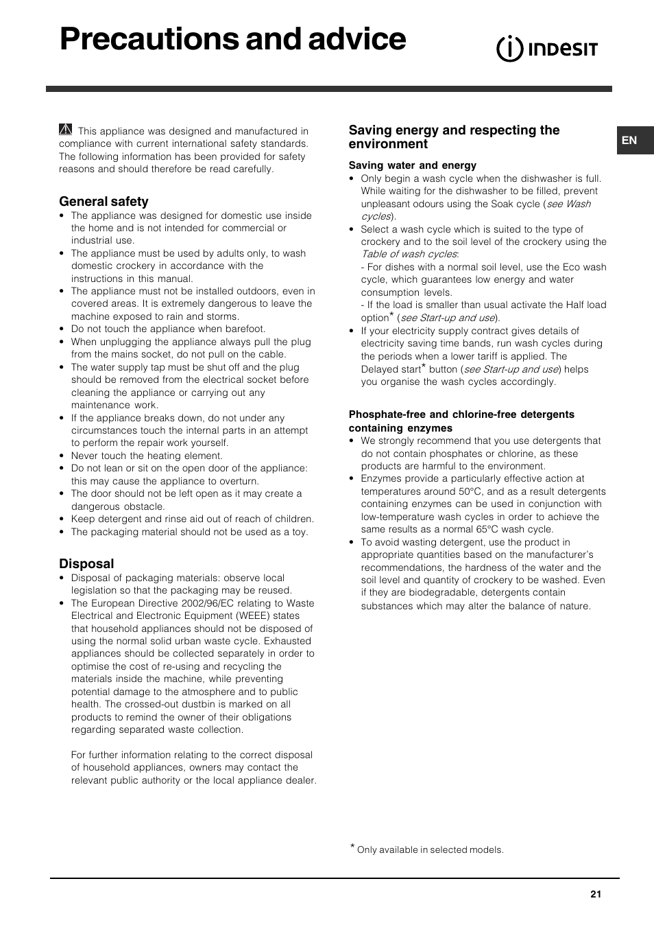 Precautions and advice, General safety, Disposal | Saving energy and respecting the environment | Indesit DIS 16 User Manual | Page 21 / 80