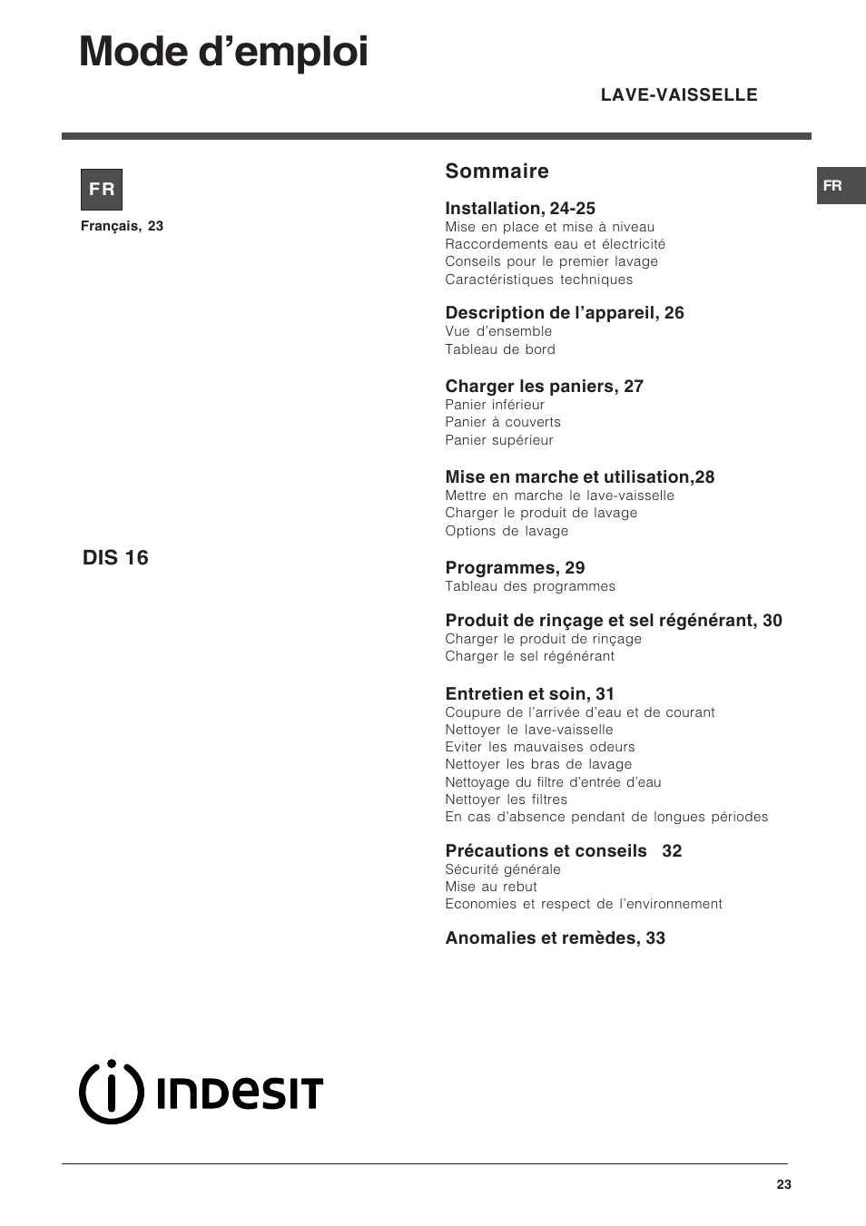 Mode demploi, Sommaire, Dis 16 | Indesit DIS 16 User Manual | Page 23 / 80